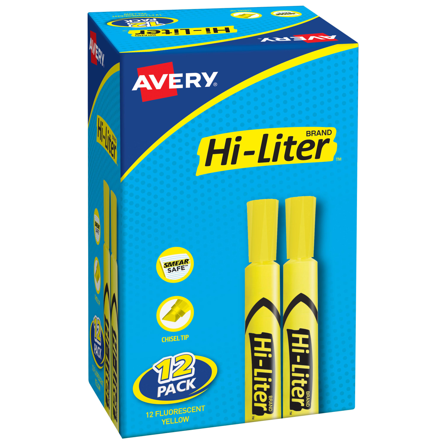 Avery Hi-Liter SmearSafe Highlighters, Chisel Tip, Desk-Style, Flourescent Yellow, Pack Of 12 Highlighters