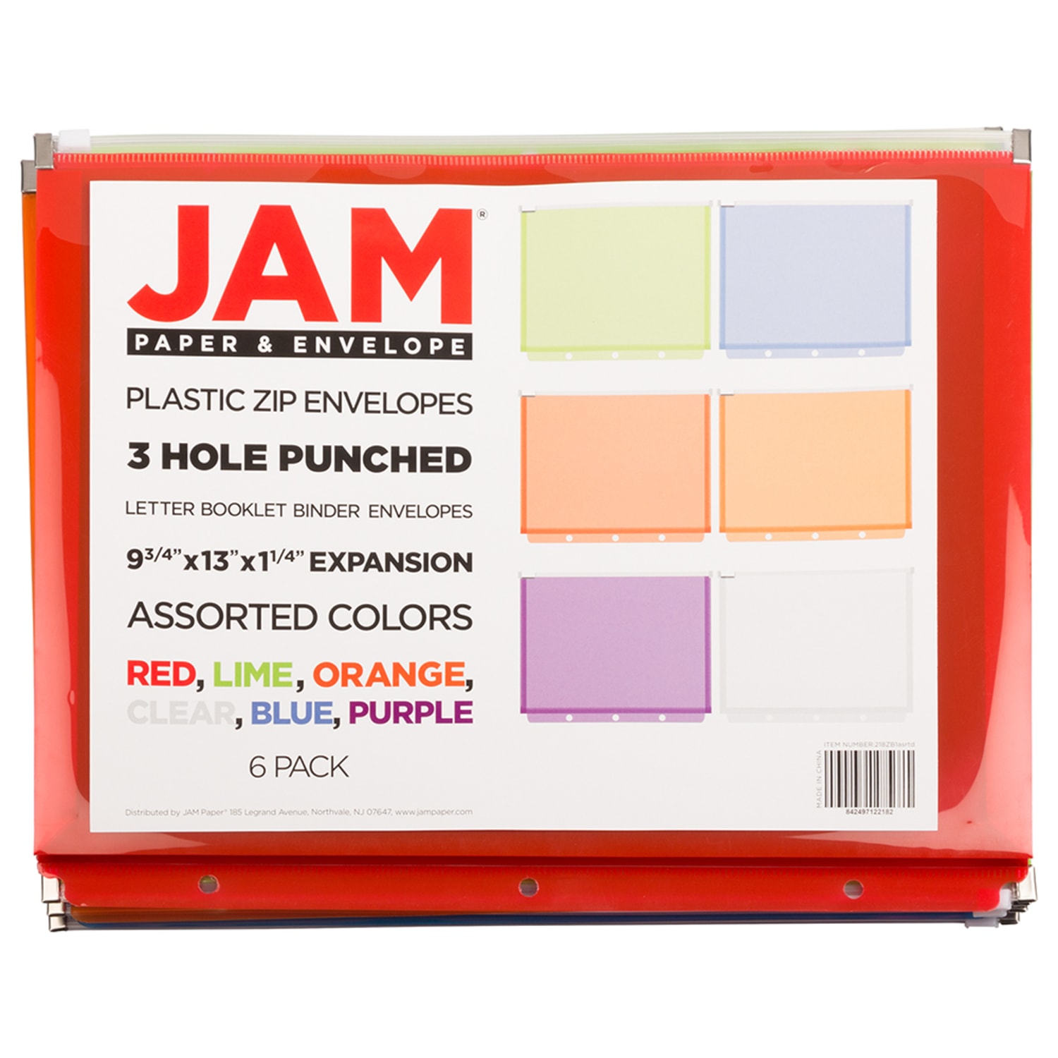 JAM Paper Plastic Envelopes, 3-Hole Punch Booklet, 9-3/4in x 13in, Zipper Closure, Assorted Colors, Pack Of 6 Envelopes - Image 4