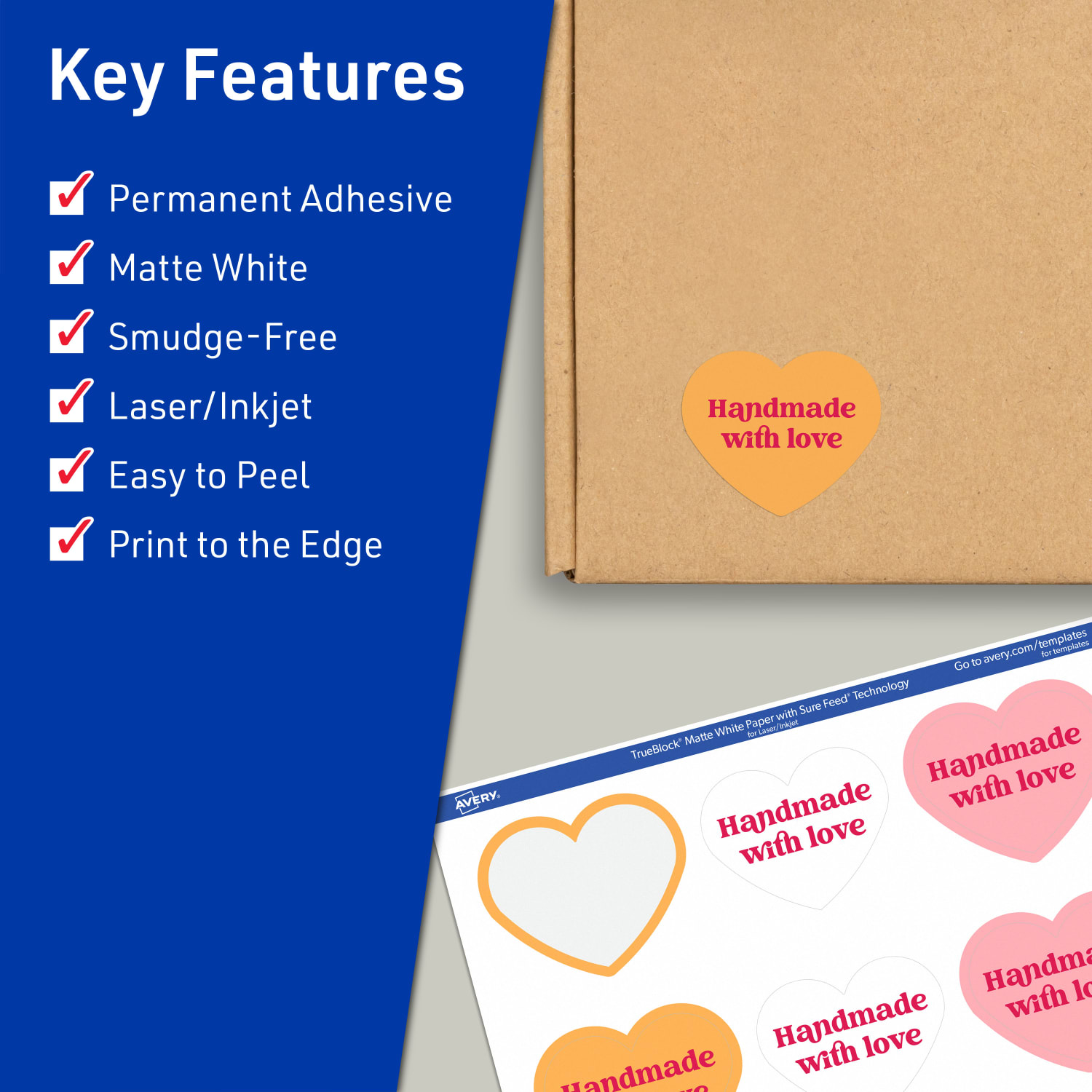 Avery Print-To-The-Edge TrueBlock Labels With Sure Feed, 94603-TWMP50, Heart, 2-9/32in x 1-27/32in, Matte White, Pack Of 600 - Image 3