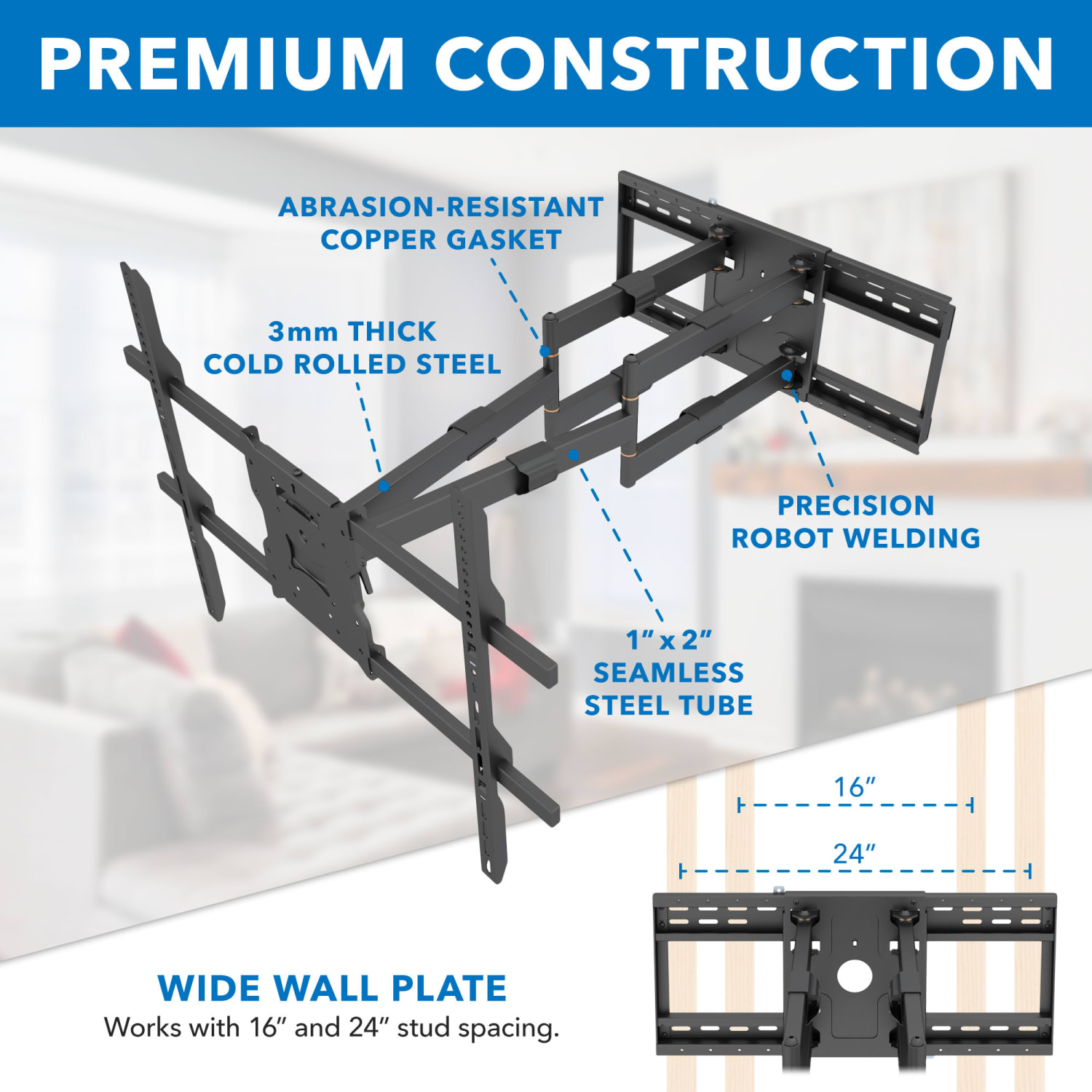 Mount-It! Heavy-Duty TV Wall Mount With Long Extension Arms For 60in-110in TVs, 11.5inH x 35inW x 8.25inD, Black - Image 6