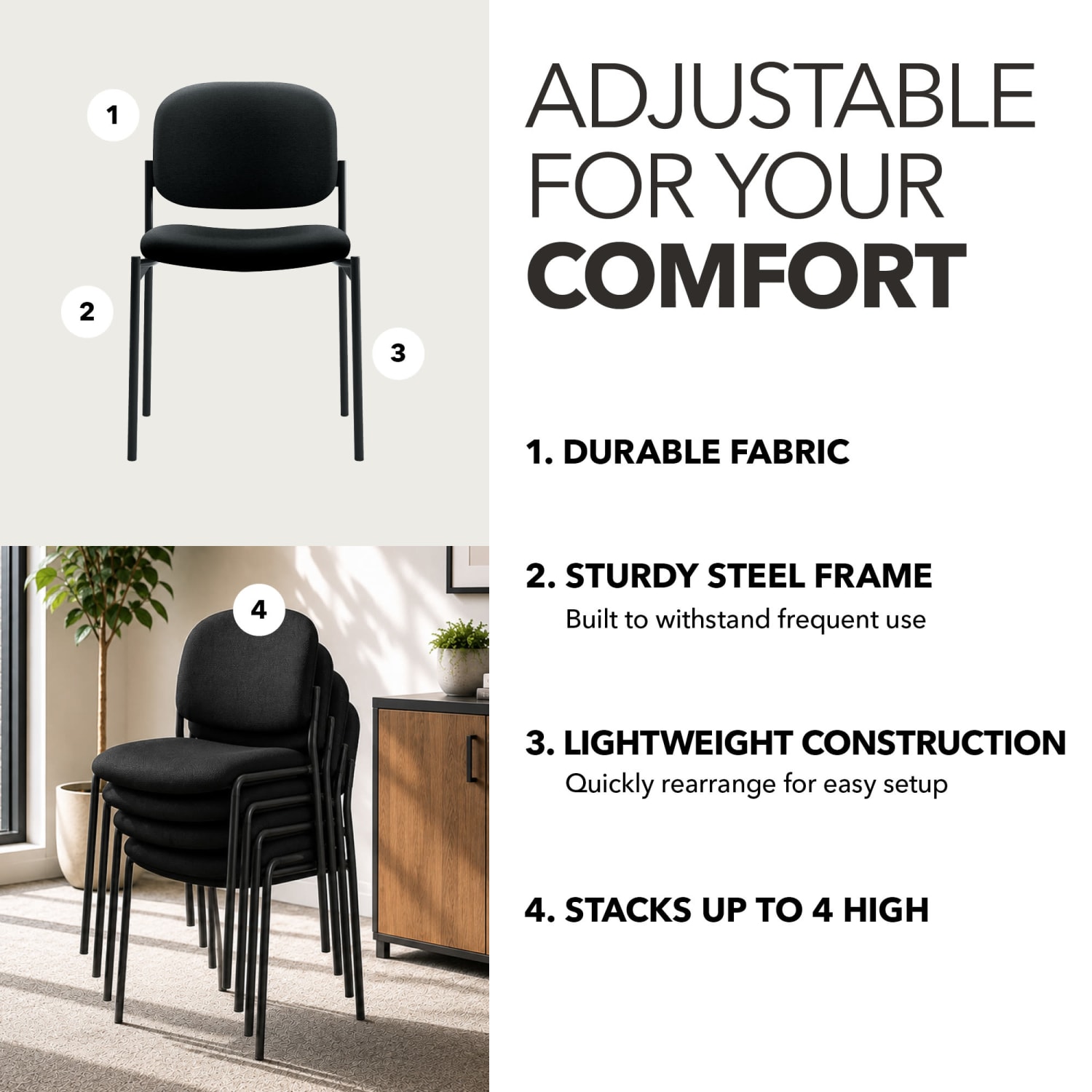 HON Scatter Stacking Guest Chair, Armless, Fabric, Black - Image 4