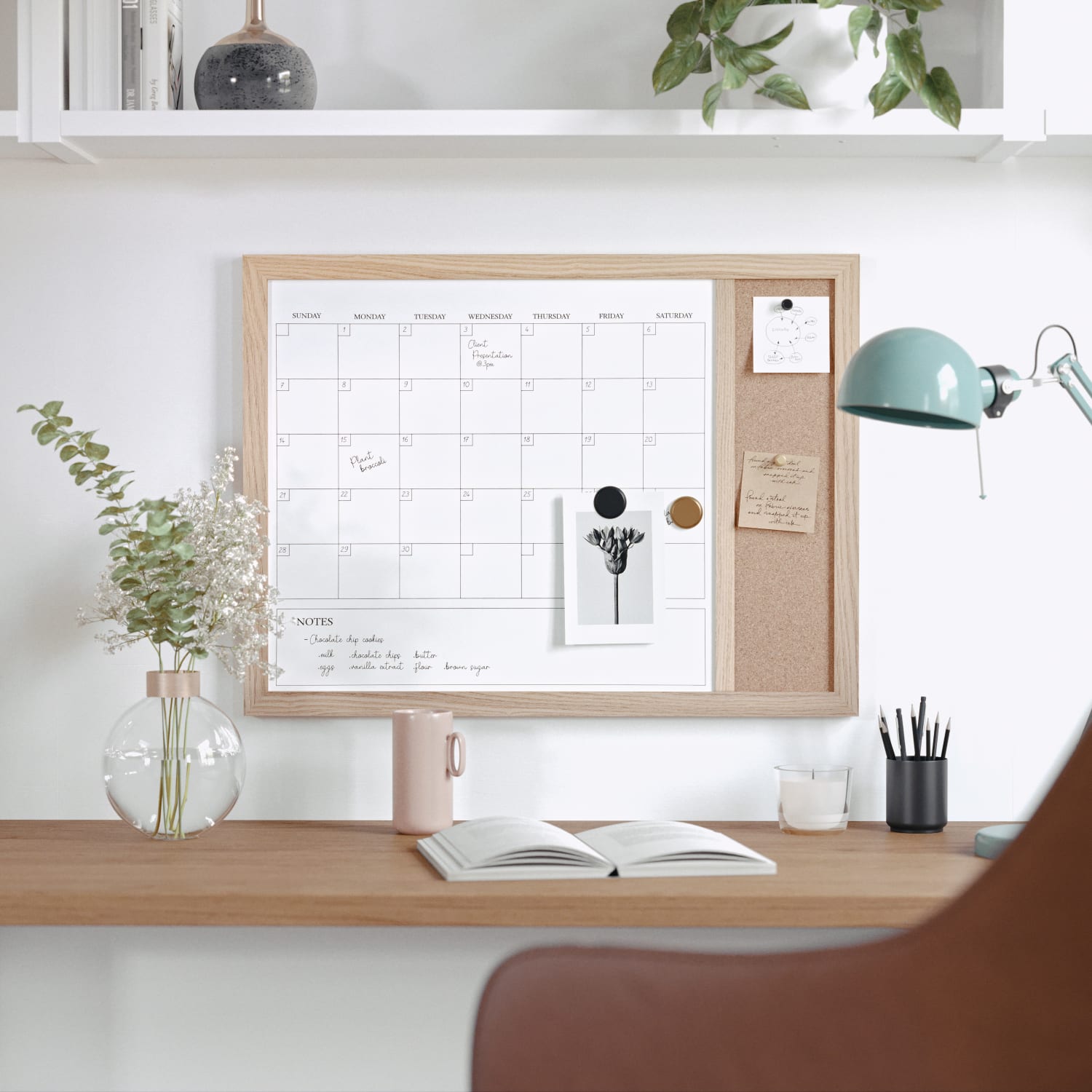 Martha Stewart Everette Magnetic Dry-Erase Monthly Calendar And Cork Board Combo, 18in x 24in, Light Natural Woodgrain