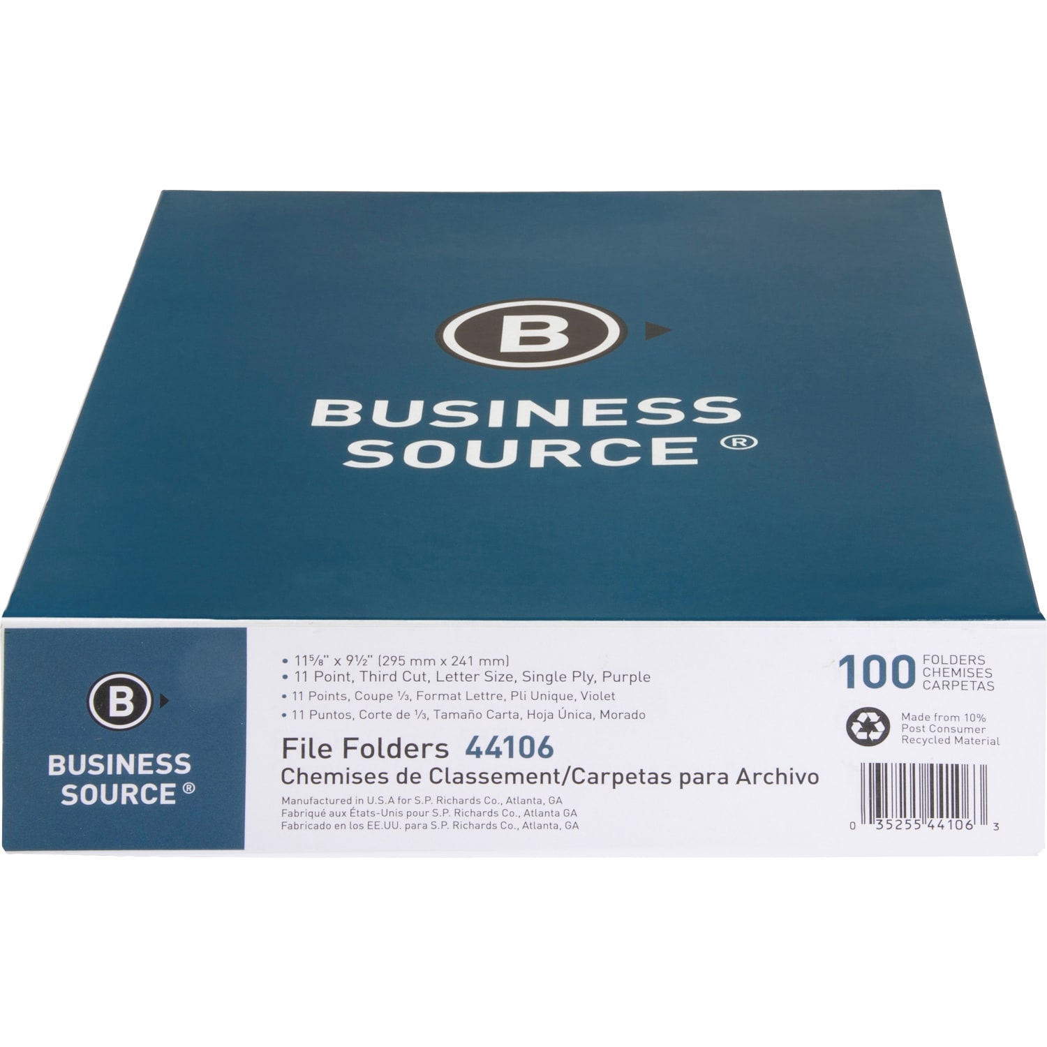Business Source 1/3 Tab Cut Top Tab File Folders - Purple - 100 / Box - Image 3