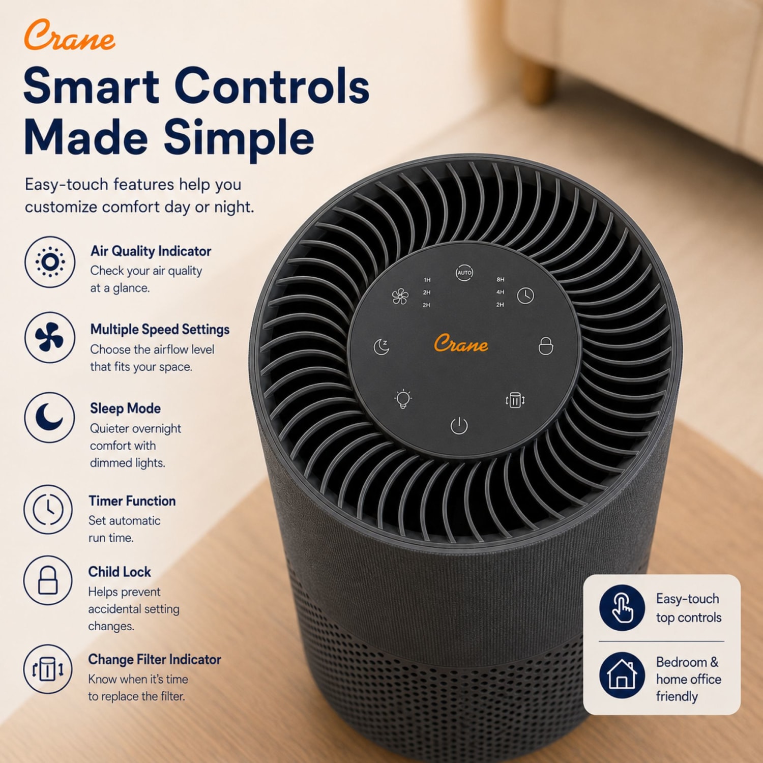 Crane True-HEPA Tower Air Purifier with Air Quality Indicator, 500 Sq. Ft., Total Qty 1 - Image 4