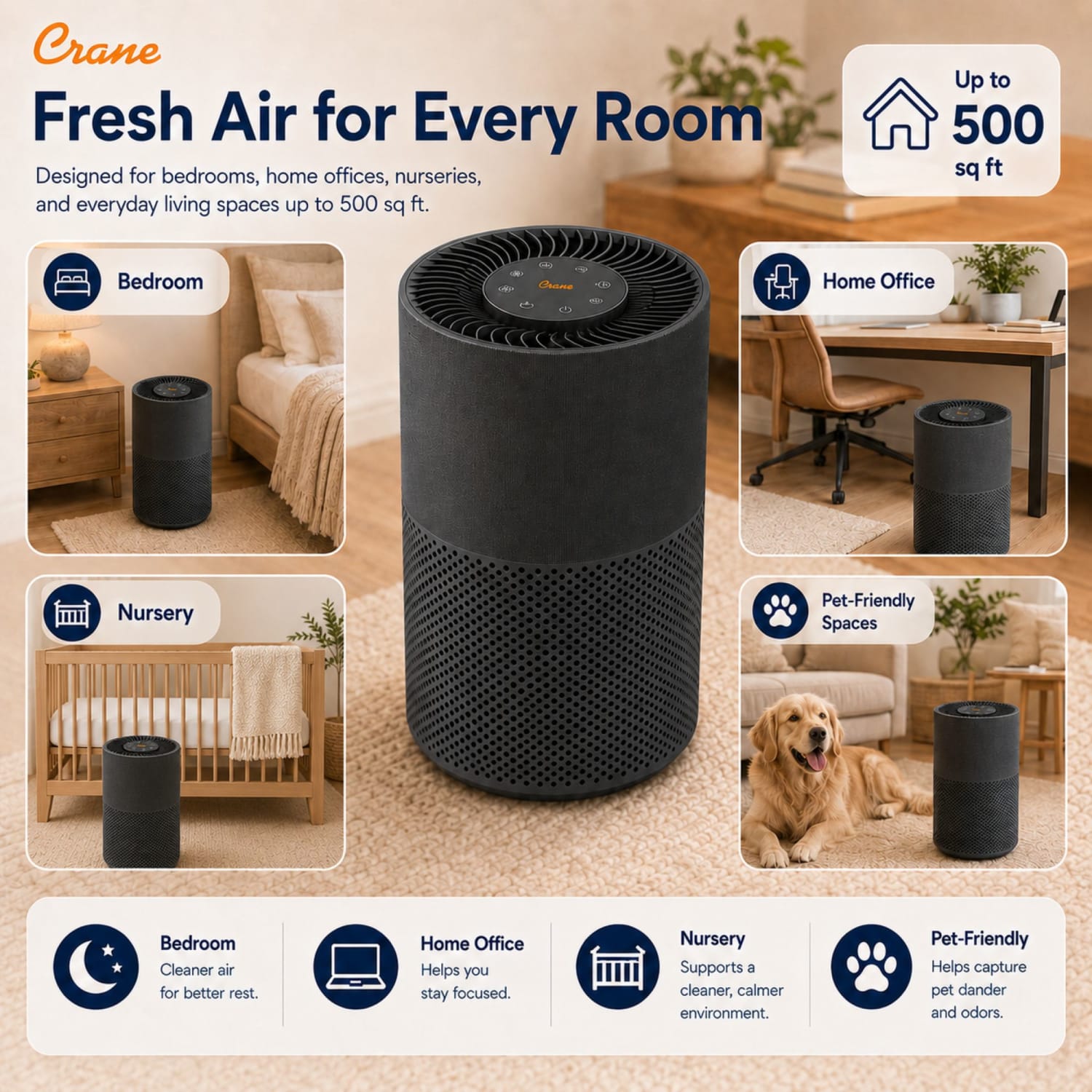 Crane True-HEPA Tower Air Purifier with Air Quality Indicator, 500 Sq. Ft., Total Qty 1 - Image 5