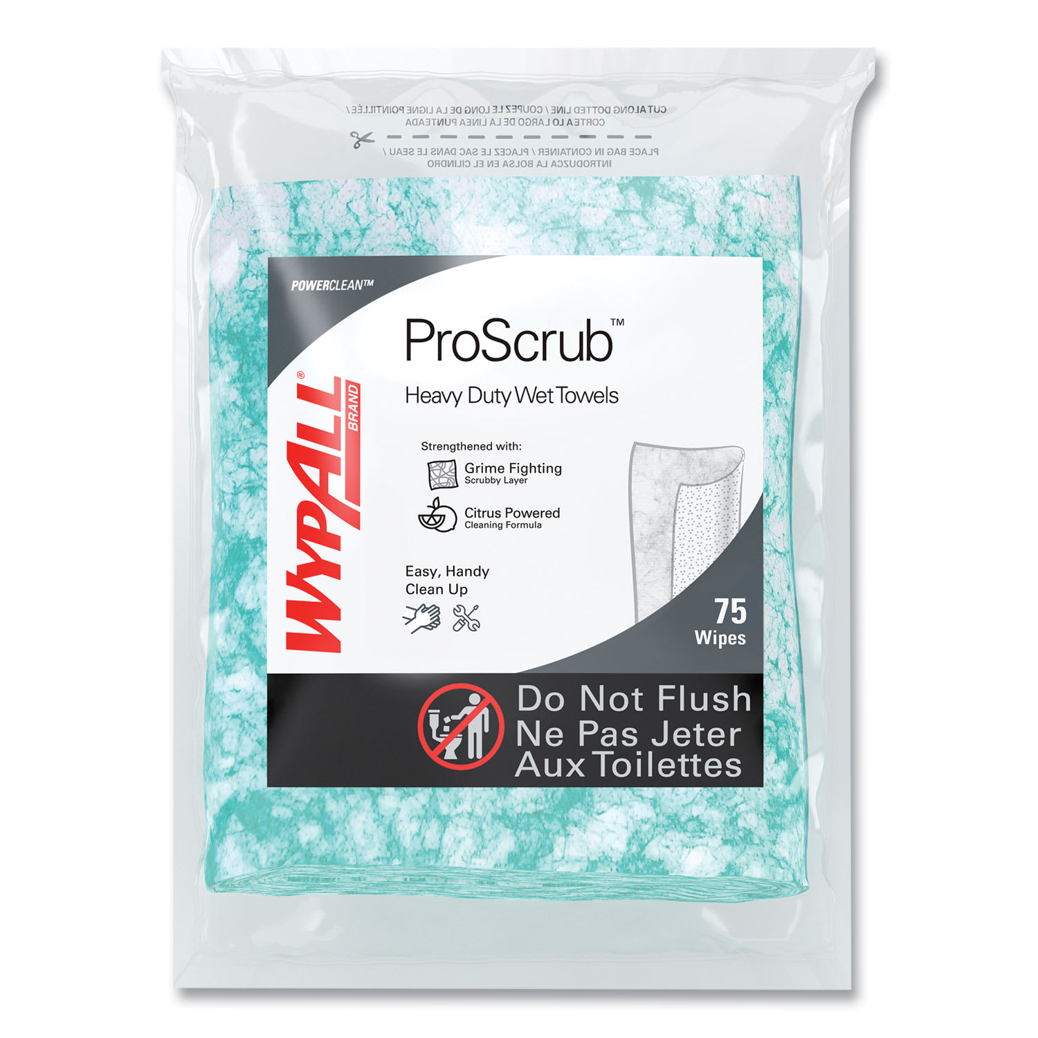 WypAll Power Clean ProScrub Pre-Saturated Wipes, 12 x 9.5, Citrus Scent, Green, 75/Pack, 6 Packs/Carton - Image 3