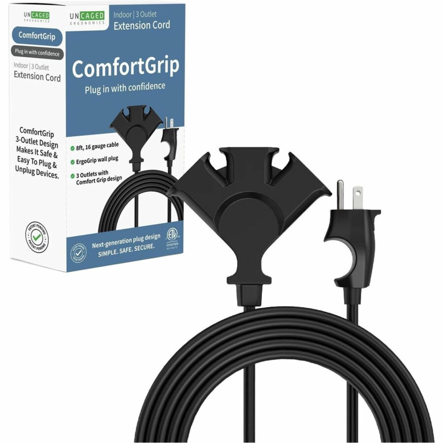 Uncaged Ergonomics Comfort Grip 3-Outlet Extension Cord, 8 ft, Black - 16 Gauge - Black - 8 ft Cord Length - Indoor, Outdoor - Tangle Resistant - Image 3