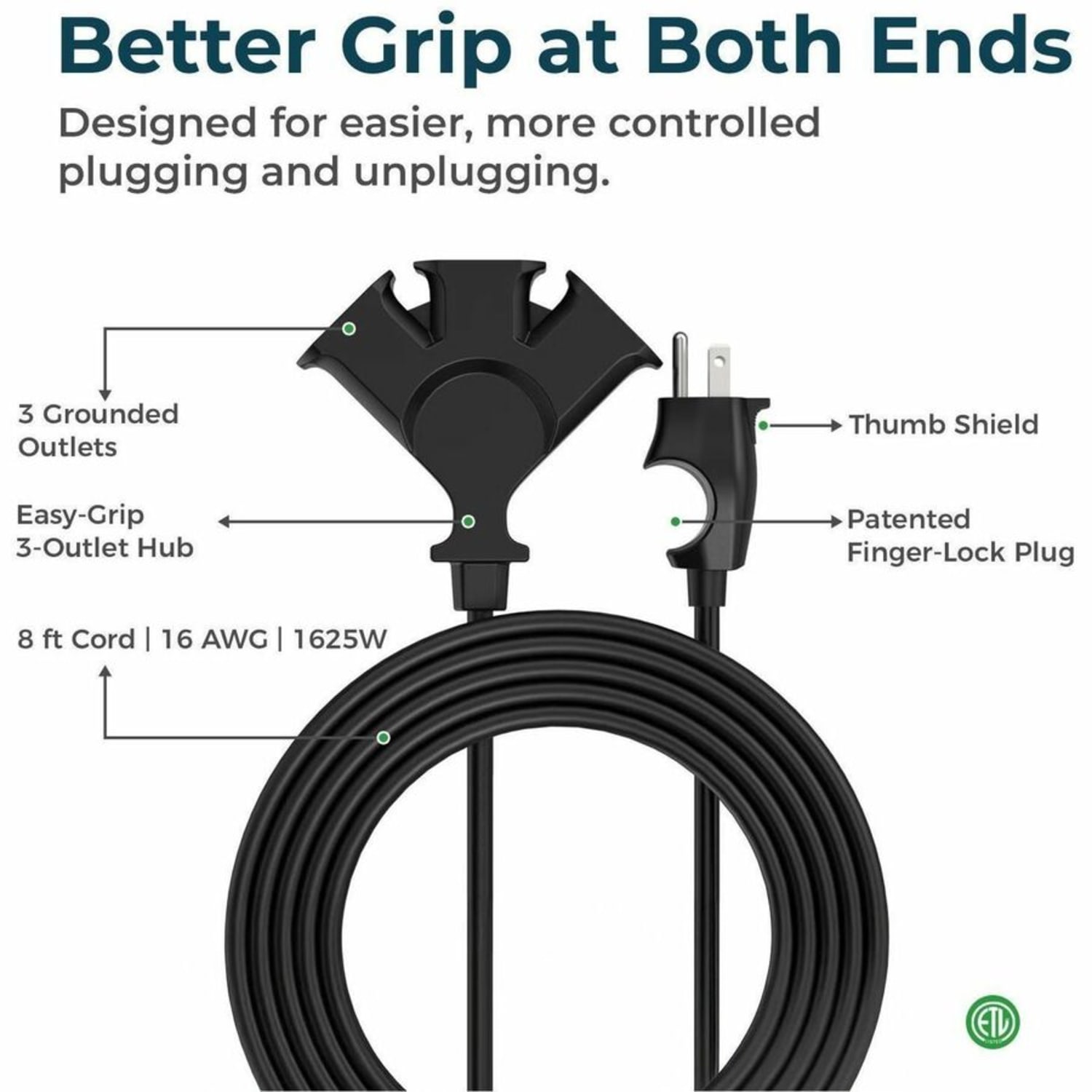Uncaged Ergonomics Comfort Grip 3-Outlet Extension Cord, 8 ft, Black - 16 Gauge - Black - 8 ft Cord Length - Indoor, Outdoor - Tangle Resistant - Image 5