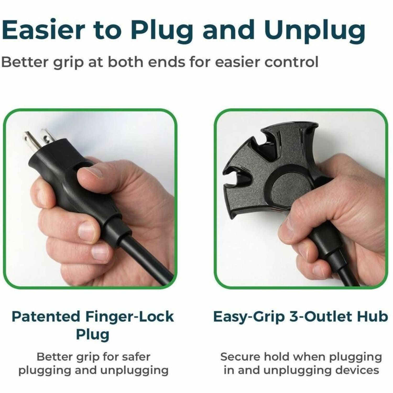 Uncaged Ergonomics Comfort Grip 3-Outlet Extension Cord, 8 ft, Black - 16 Gauge - Black - 8 ft Cord Length - Indoor, Outdoor - Tangle Resistant - Image 6