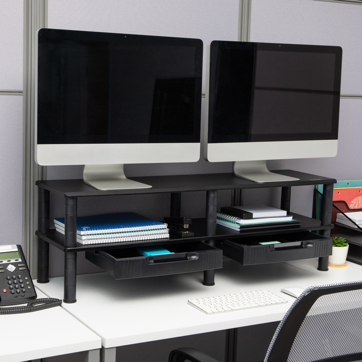 Mind Reader Extended 2-Tier Dual Monitor Stand, 12-1/2inH x 11inW x 38-1/2inD, Black - Image 3
