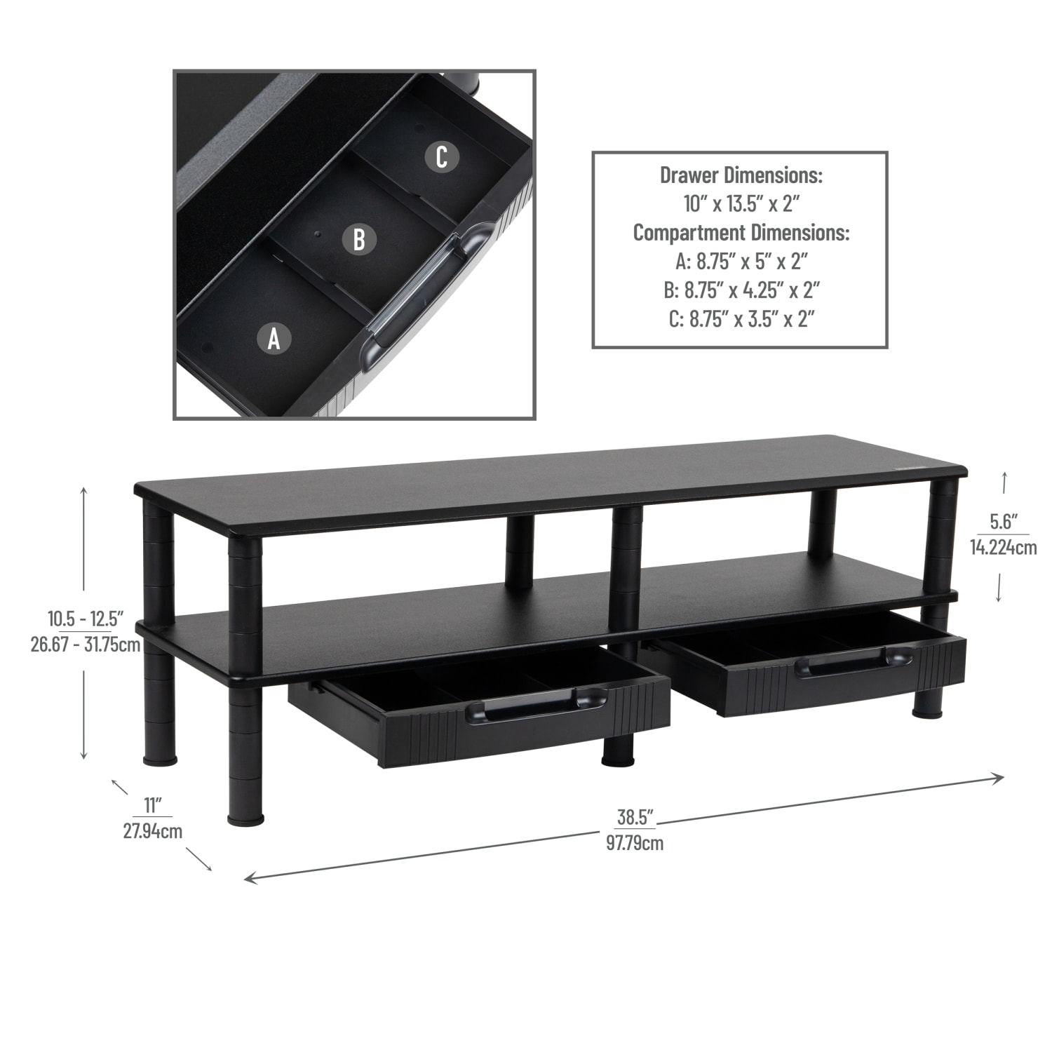 Mind Reader Extended 2-Tier Dual Monitor Stand, 12-1/2inH x 11inW x 38-1/2inD, Black - Image 4