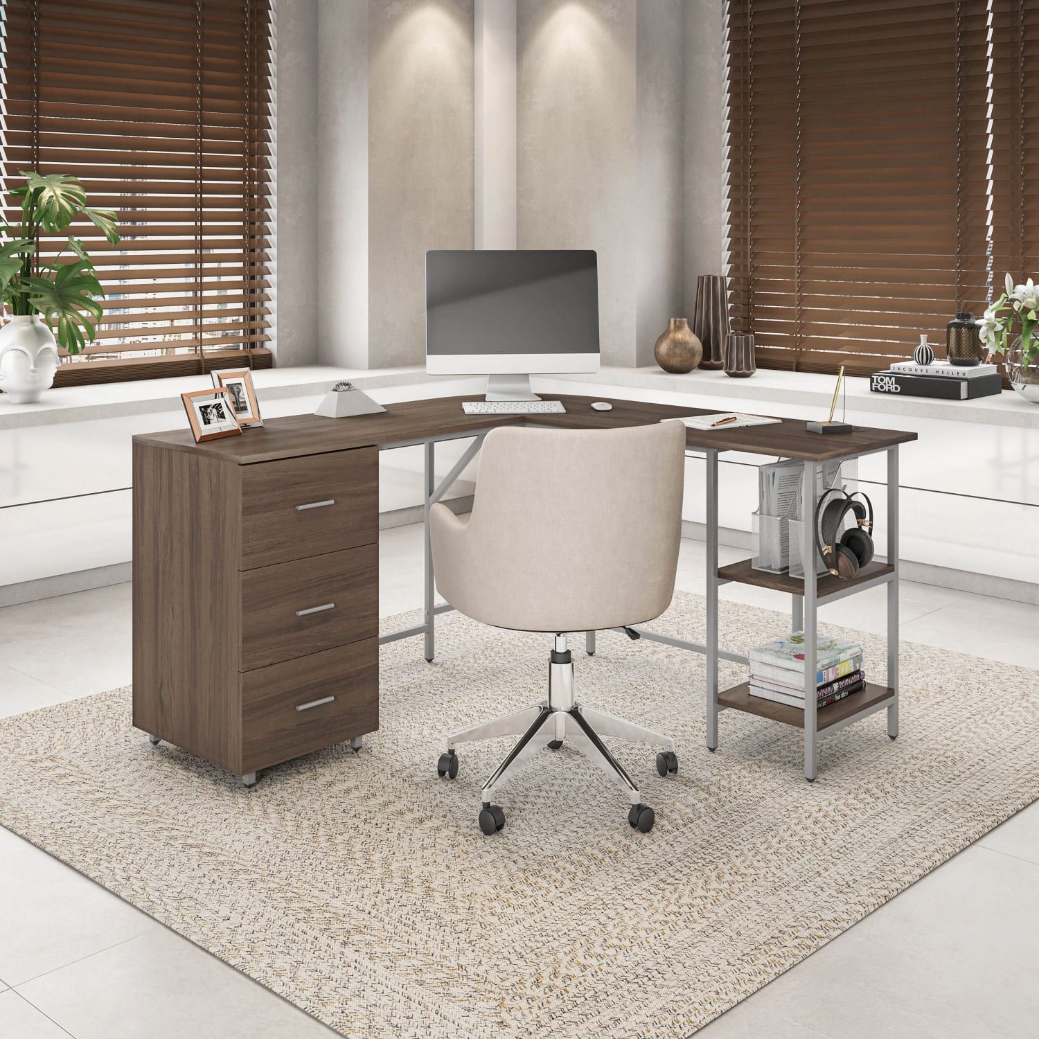 Techni Mobili 59inW L-Shaped 2-Tone Home Office Computer Desk With Storage, Walnut - Image 3