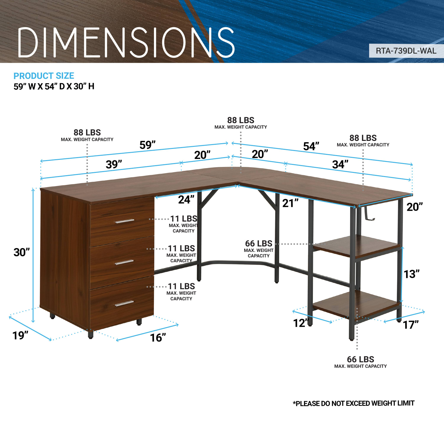 Techni Mobili 59inW L-Shaped 2-Tone Home Office Computer Desk With Storage, Walnut - Image 4