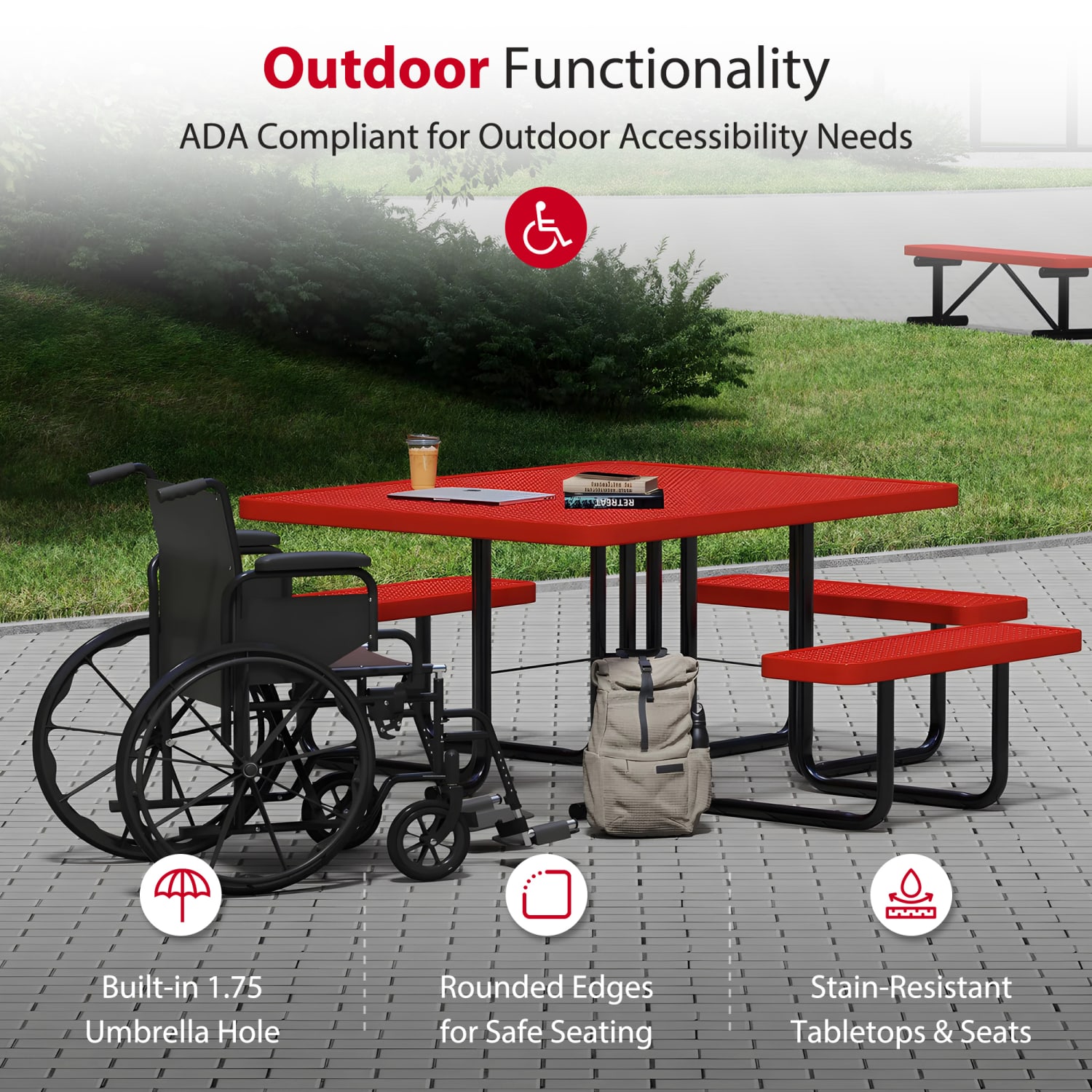 Leisure Craft Square ADA Outdoor Picnic Table, 29-1/4inH x 75inW x 80inD, Black/Red - Image 4