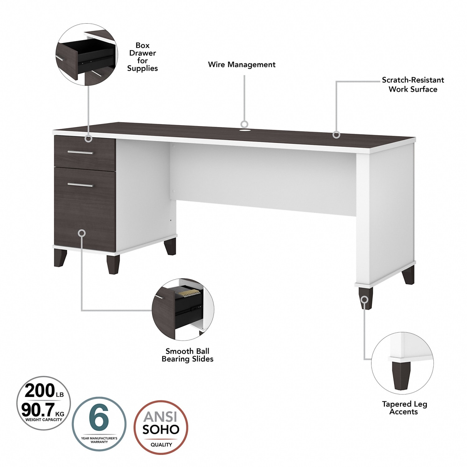 Bush Business Furniture Somerset 72inW Office Computer Desk With Hutch And 5-Shelf Bookcase, Storm Gray/White, Standard Delivery - Image 4