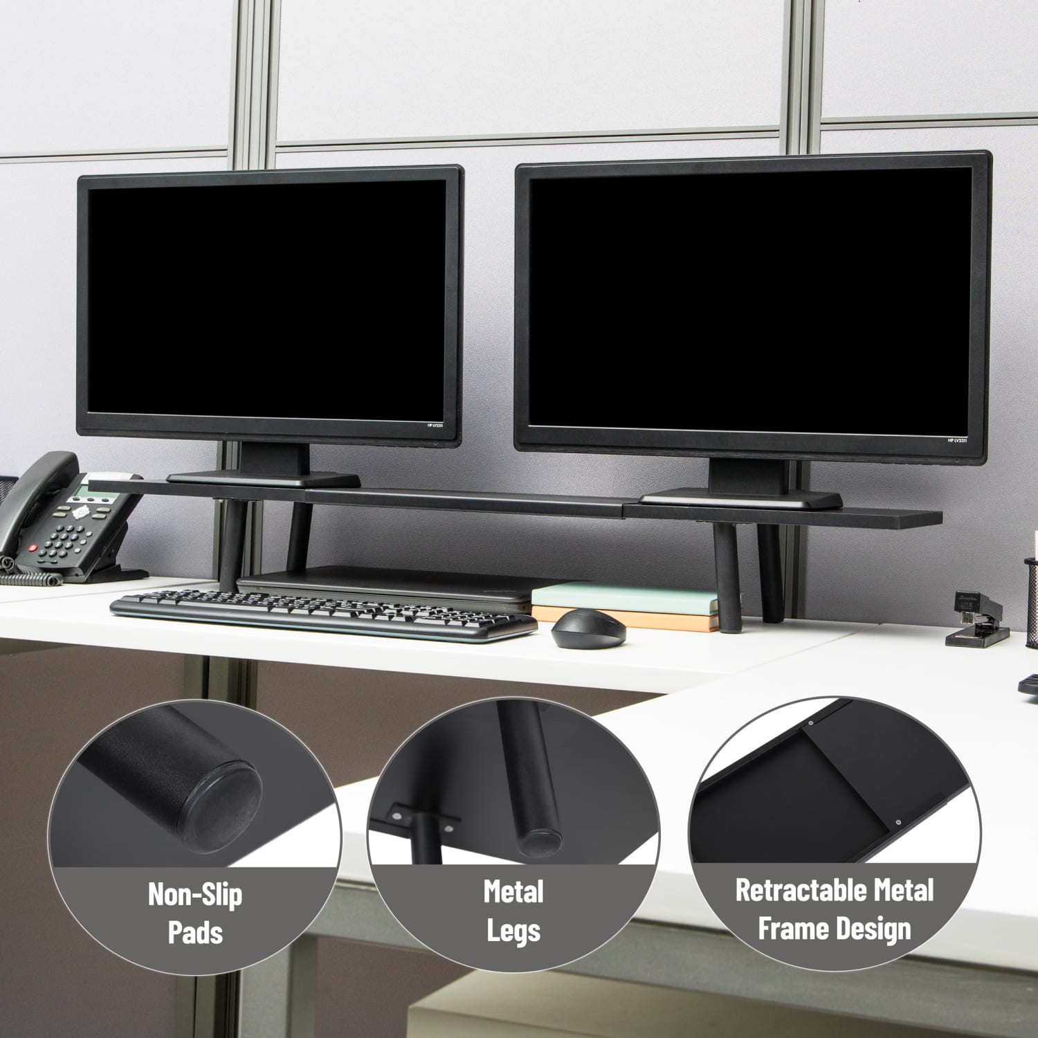 Mind Reader Extendable Dual Monitor Stand Desktop Riser, 5-1/2inH x 9inW x 31-1/2inD, Black, Total Qty 1 - Image 6