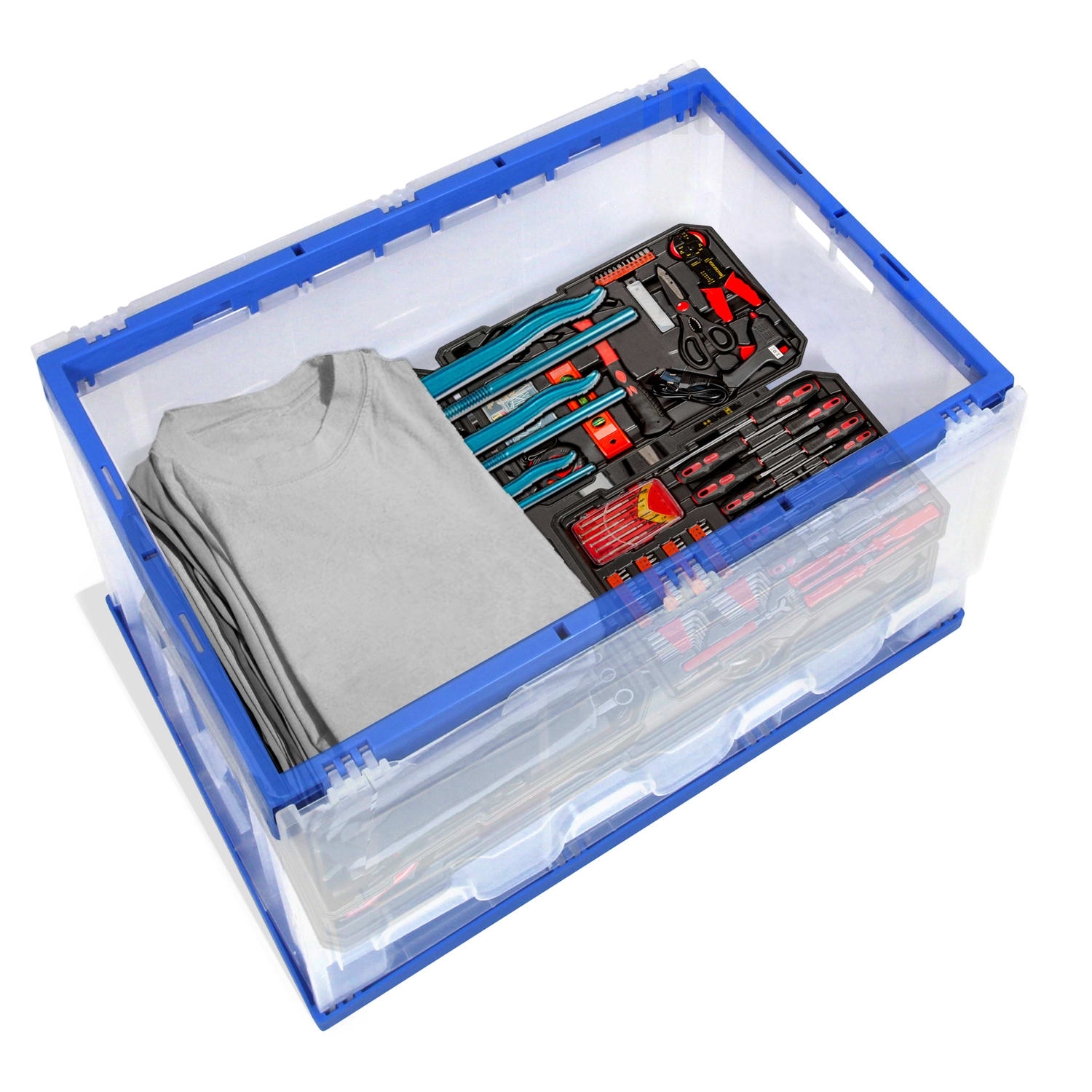 Mount-It! Folding Heavy-Duty Storage Crates, 12-1/2inH x 21-1/2inW x 15-5/16inD, Clear/Blue, Pack Of 3 Crates - Image 3