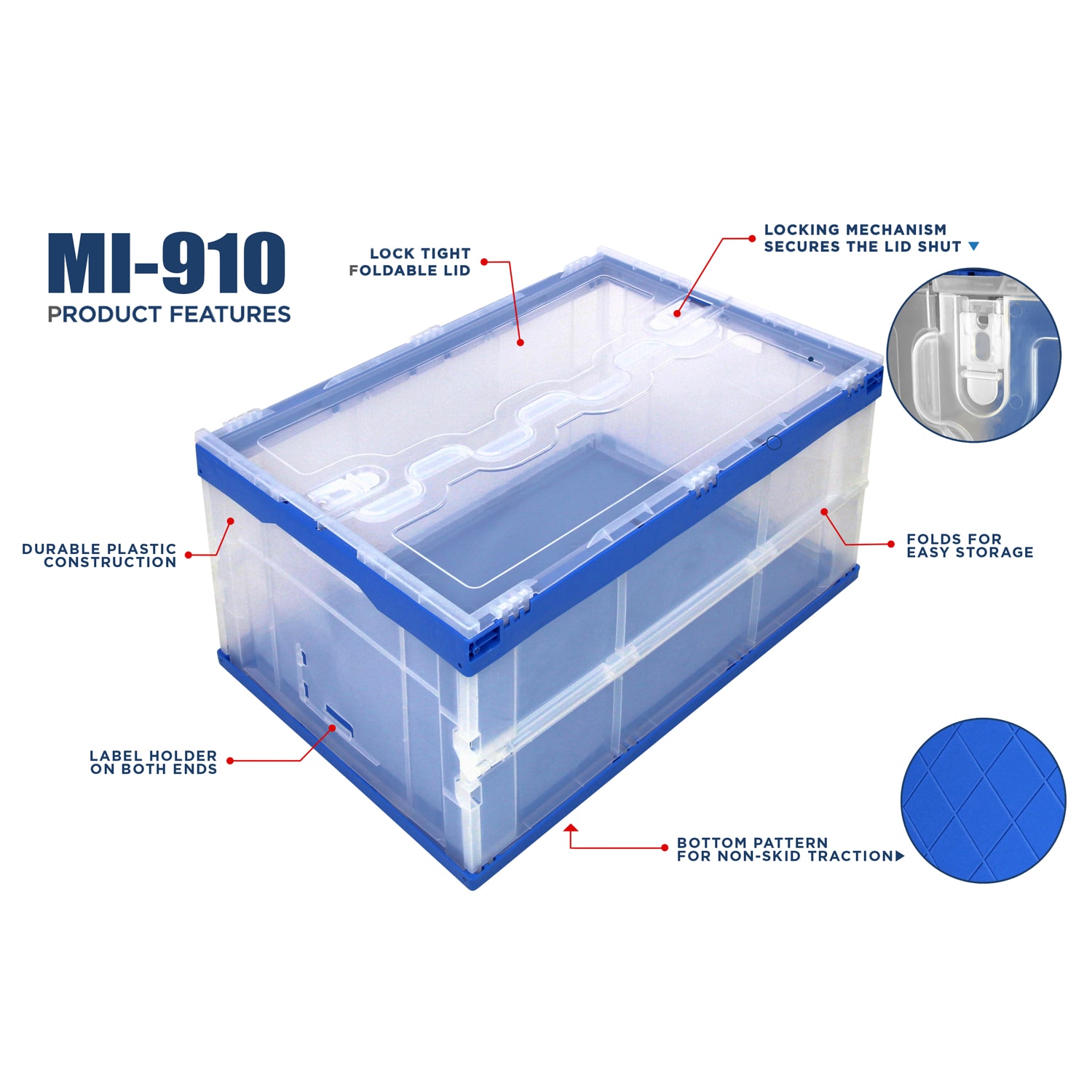 Mount-It! Folding Heavy-Duty Storage Crates, 12-1/2inH x 21-1/2inW x 15-5/16inD, Clear/Blue, Pack Of 3 Crates - Image 4