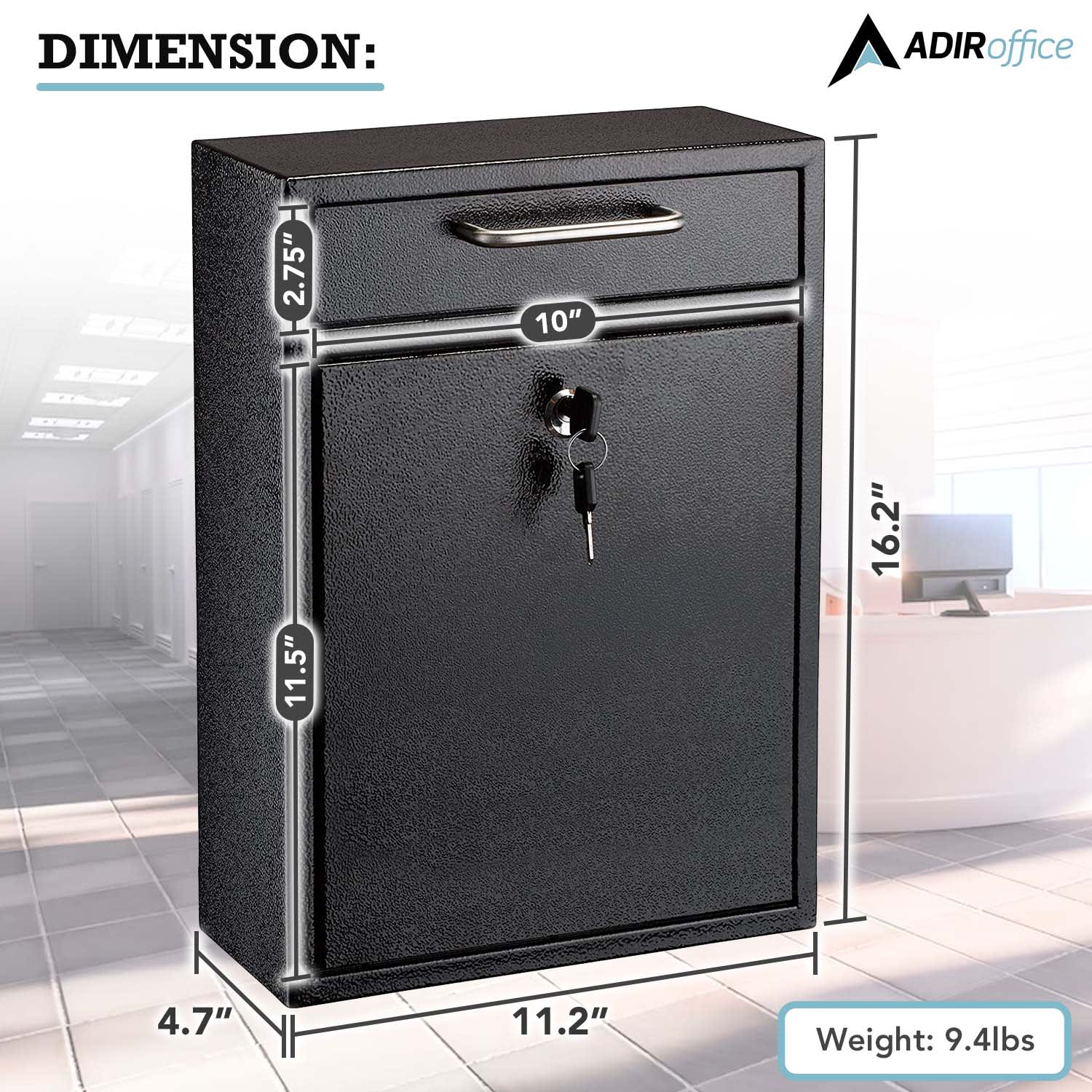 Alpine AdirOffice Large Ultimate Steel Wall Mounted Drop Box Mailbox, 16-1/4inH x 11-1/4inW x 4-3/4inD, Black - Image 4