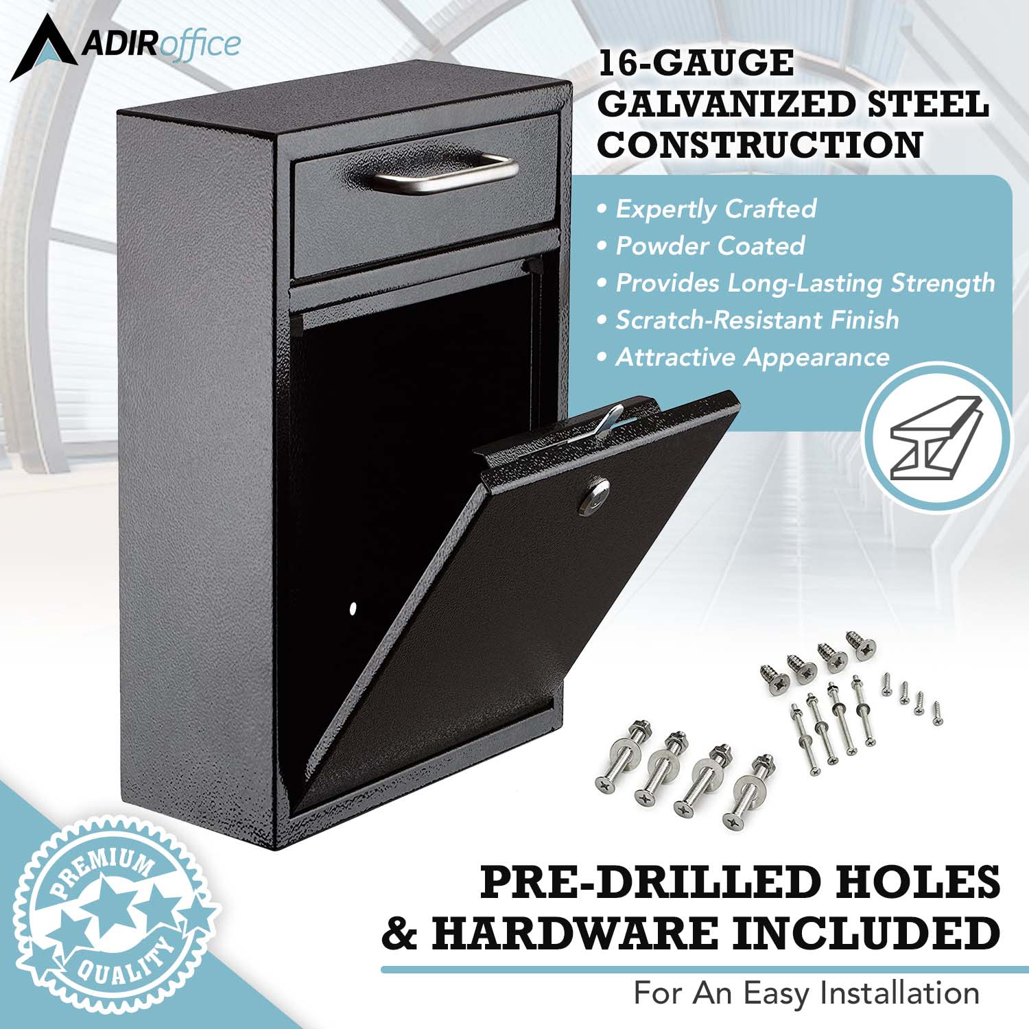 Alpine AdirOffice Large Ultimate Steel Wall Mounted Drop Box Mailbox, 16-1/4inH x 11-1/4inW x 4-3/4inD, Black - Image 6
