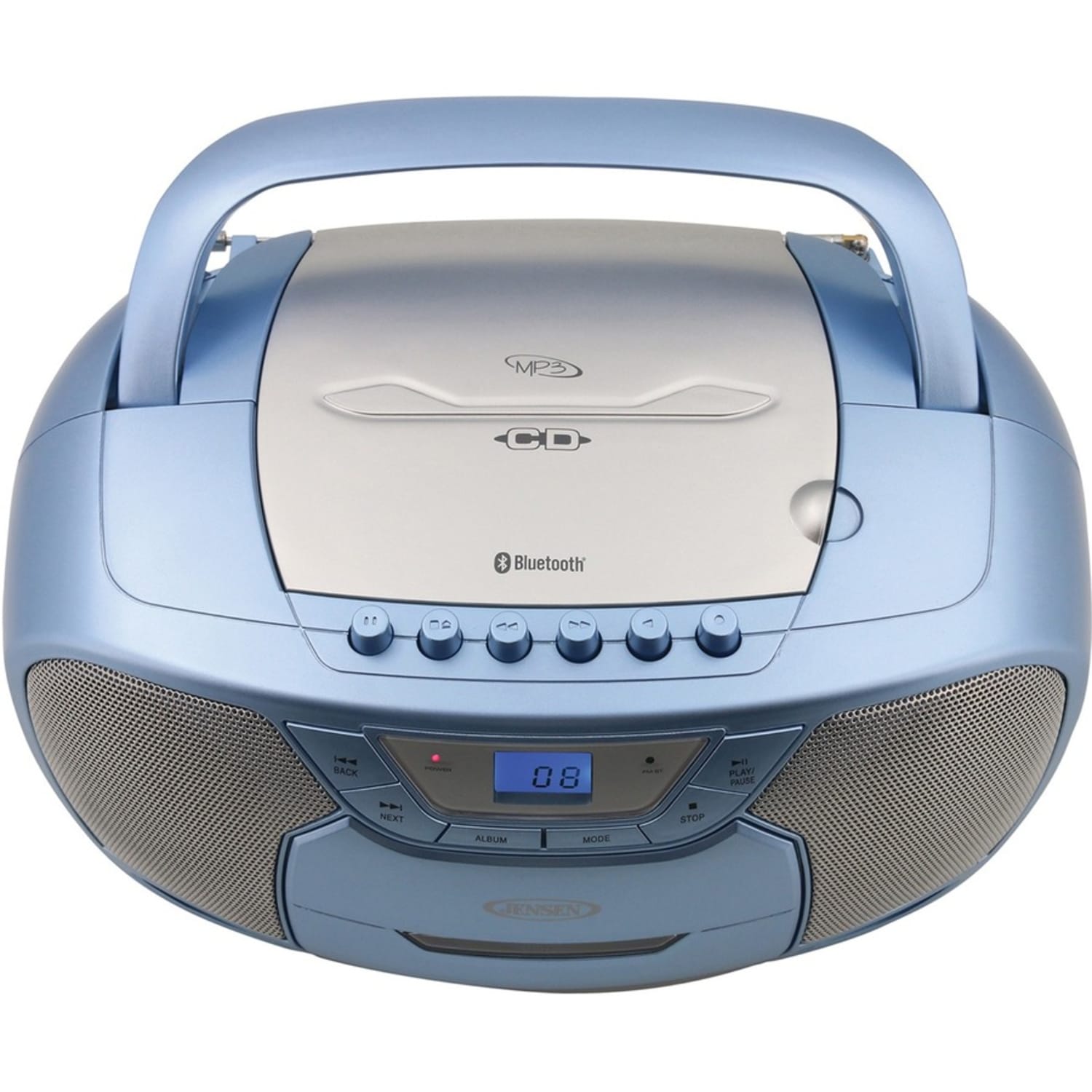 JENSEN CD-590-BL Radio/CD Player/Cassette Recorder Boombox - 1 x Disc Integrated Stereo Speaker - Silver, Blue LCD - CD-DA, MP3 - Auxiliary Input - Image 5