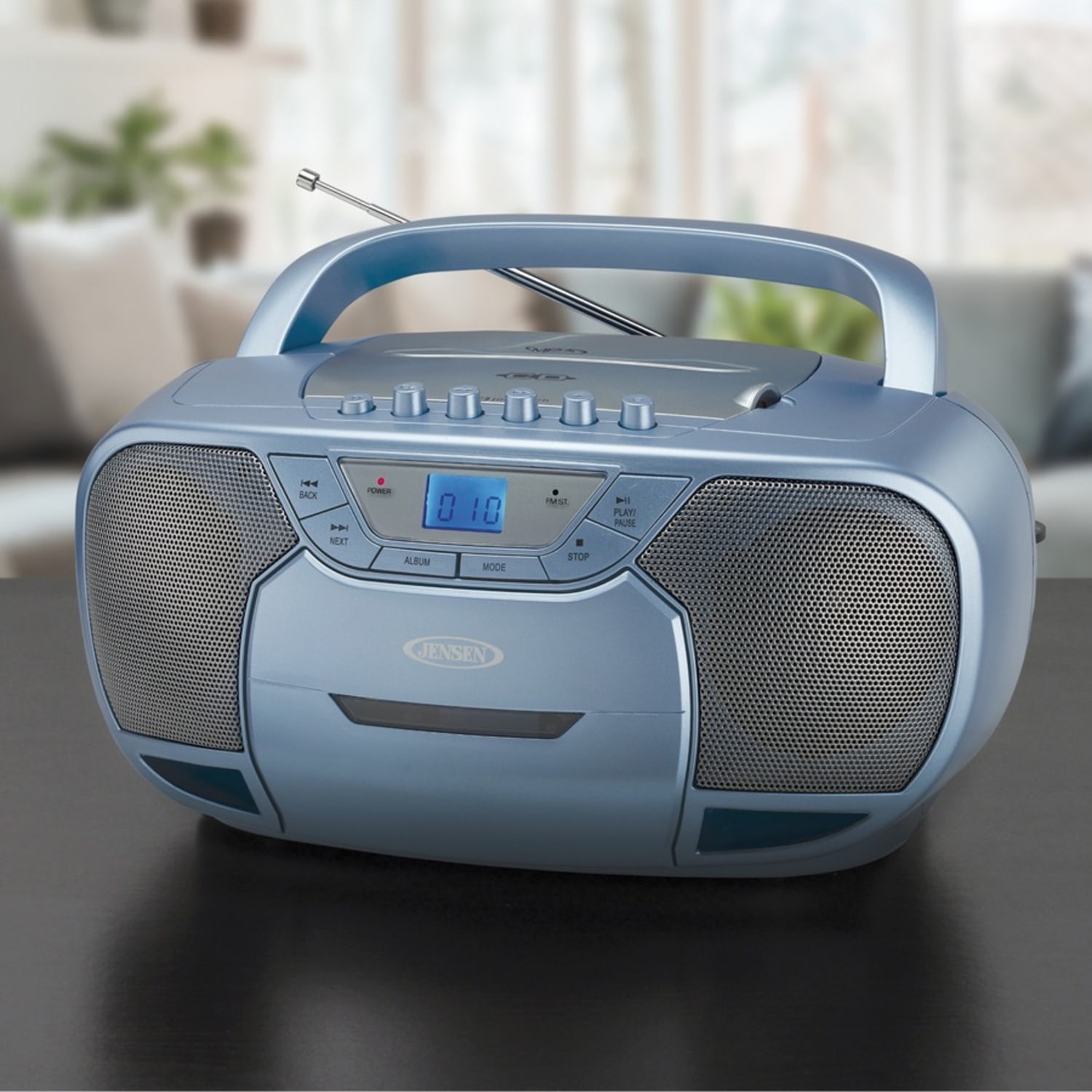 JENSEN CD-590-BL Radio/CD Player/Cassette Recorder Boombox - 1 x Disc Integrated Stereo Speaker - Silver, Blue LCD - CD-DA, MP3 - Auxiliary Input - Image 6