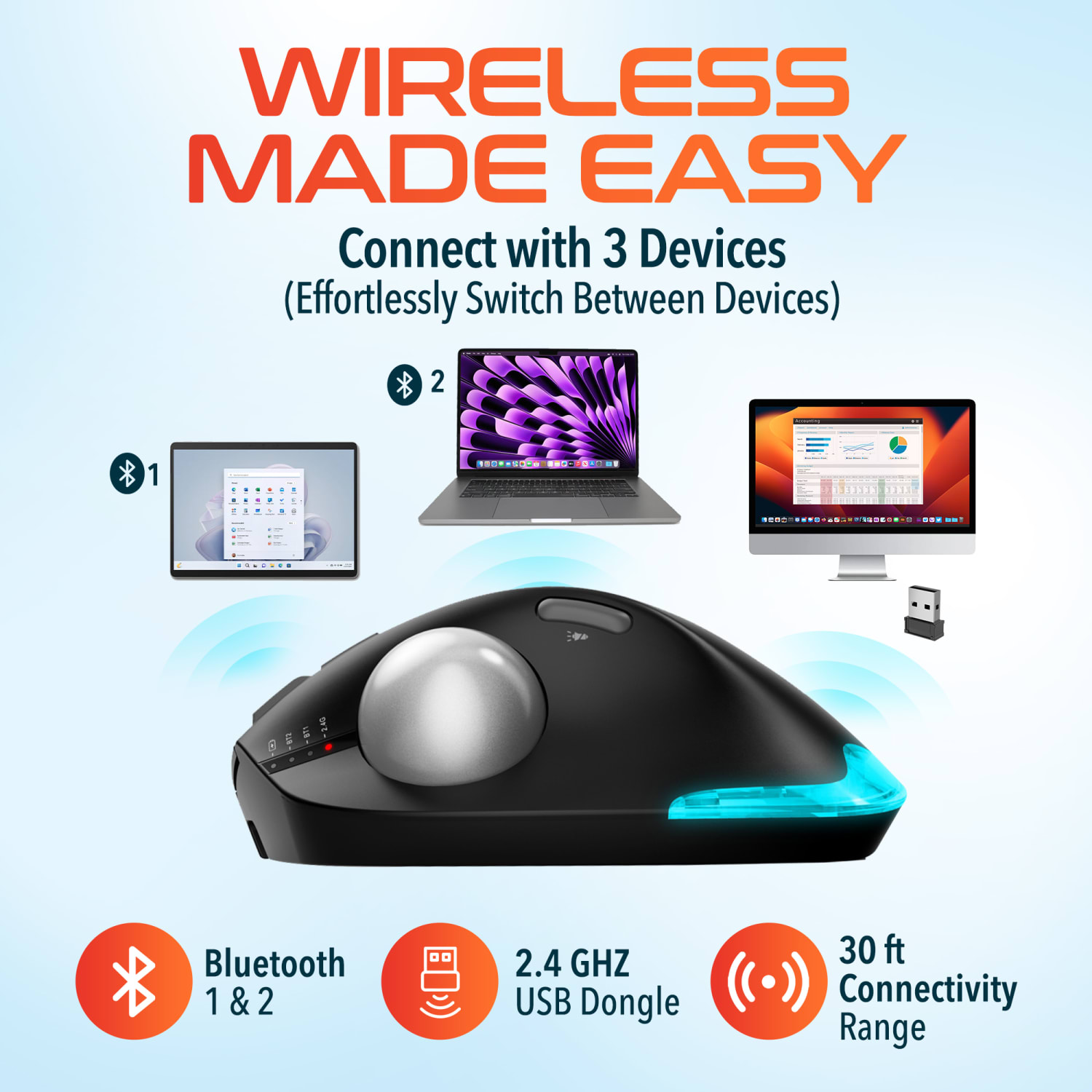 Delton T100 Wireless Trackball Rechargeable Mouse, Black, Total Qty 1 - Image 5