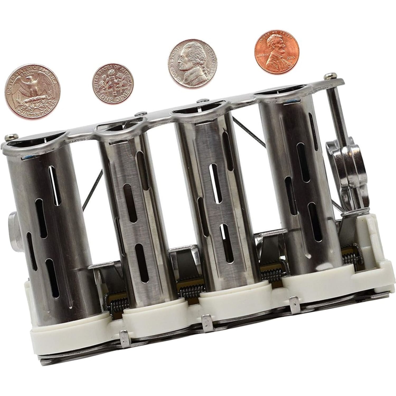 Nadex Coins 4 Barrel Steel Coin Dispenser Money Changer with Belt Clips - Silver - Image 4