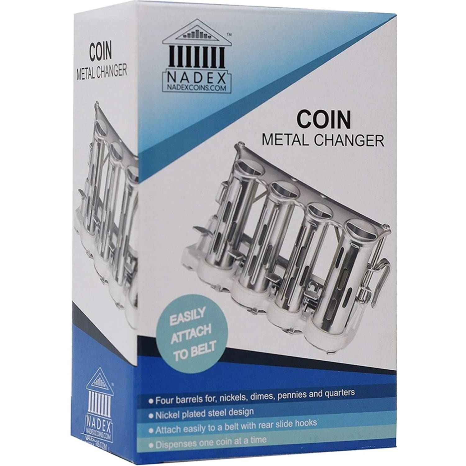 Nadex Coins 4 Barrel Steel Coin Dispenser Money Changer with Belt Clips - Silver - Image 5