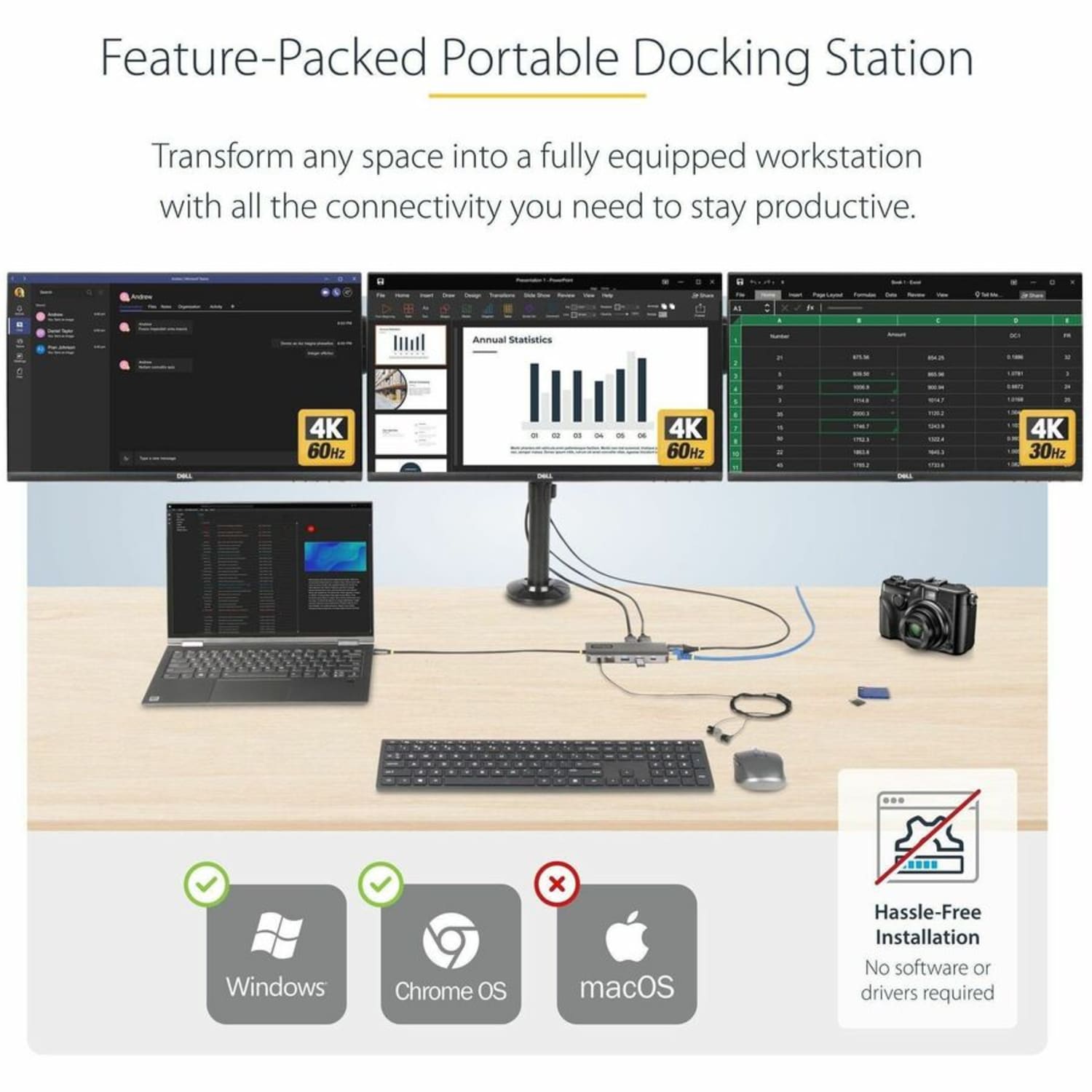 StarTech.com USB-C Triple-Monitor Multiport Adapter, Dual 4K 60Hz + 4K 30Hz HDMI & DP, 4x USB-A, 100W PD Pas - 154BUSBCMULTIPORT - Image 3