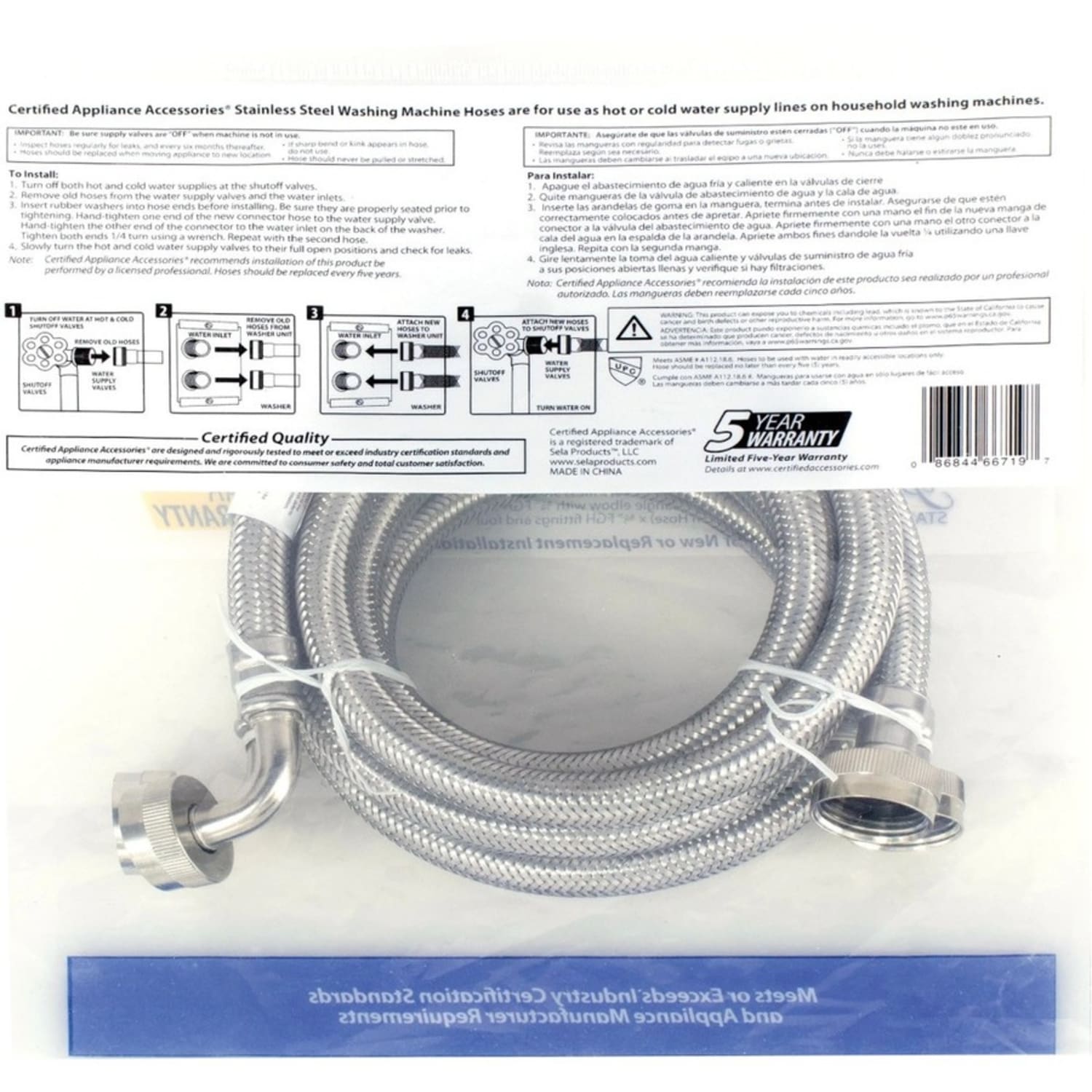 Certified Appliance Accessories 2 PK Braided Stainless Steel Washing Machine Hoses with Elbow - 60in - Silver, Stainless Steel - Stainless Steel, Vinyl, Polyvinyl Chloride (PVC), Polyester - 2 - Image 3