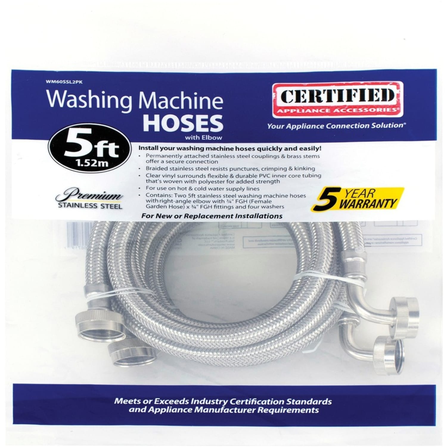 Certified Appliance Accessories 2 PK Braided Stainless Steel Washing Machine Hoses with Elbow - 60in - Silver, Stainless Steel - Stainless Steel, Vinyl, Polyvinyl Chloride (PVC), Polyester - 2 - Image 4