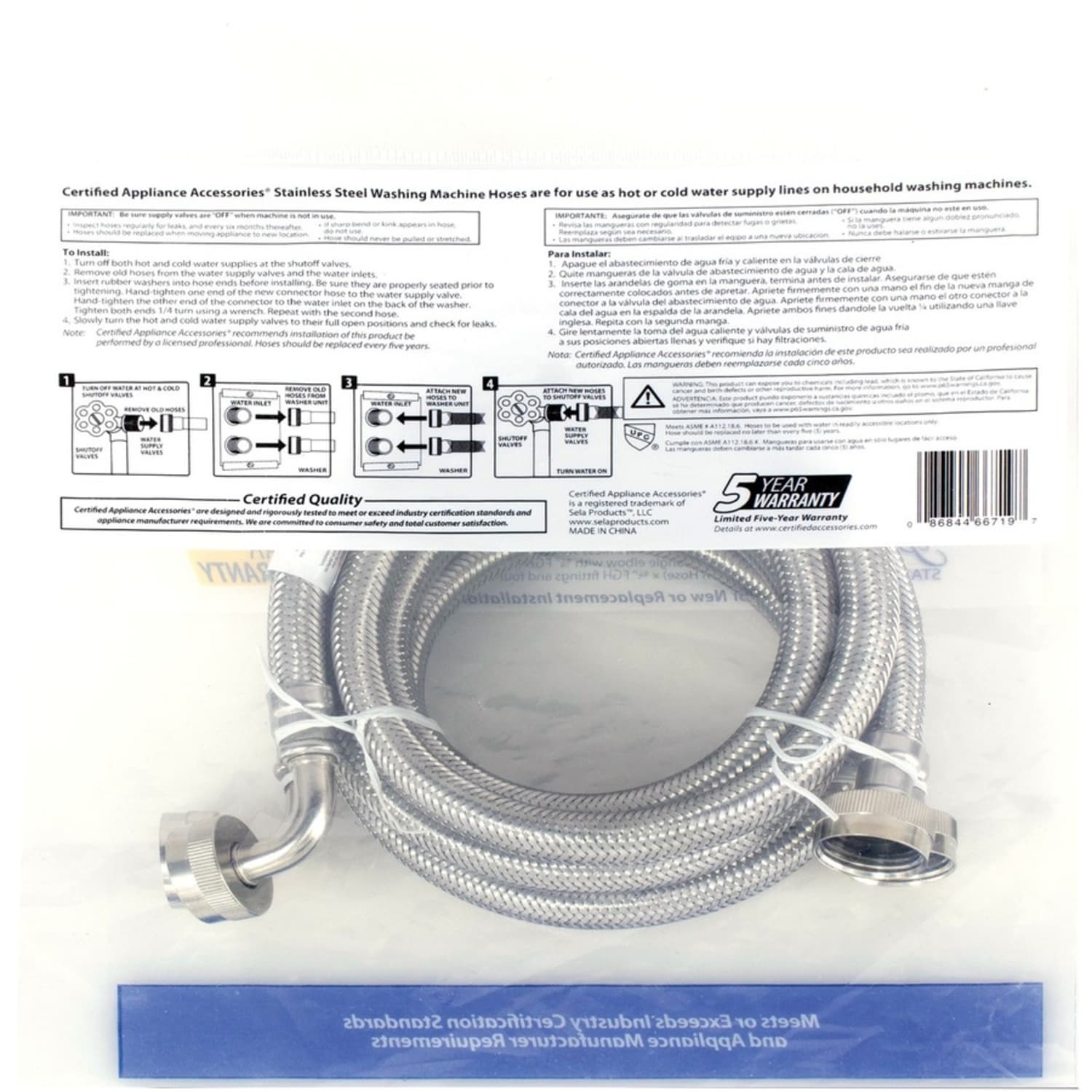 Certified Appliance Accessories 2 PK Braided Stainless Steel Washing Machine Hoses with Elbow - 60in - Silver, Stainless Steel - Stainless Steel, Vinyl, Polyvinyl Chloride (PVC), Polyester - 2 - Image 5