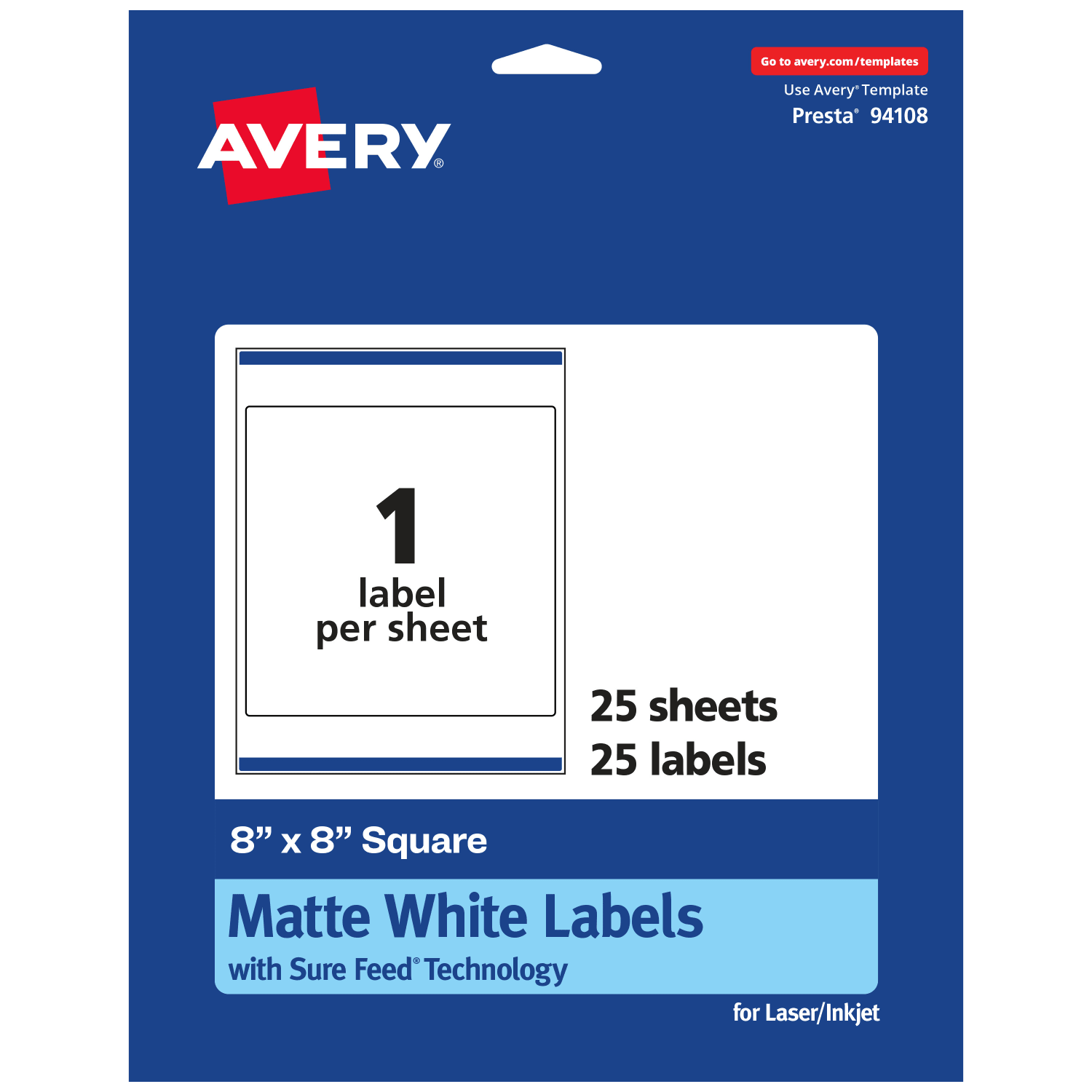 Avery Permanent Labels With Sure Feed, 94108-WMP25, Square, 8in x 8in, White, Pack Of 25
