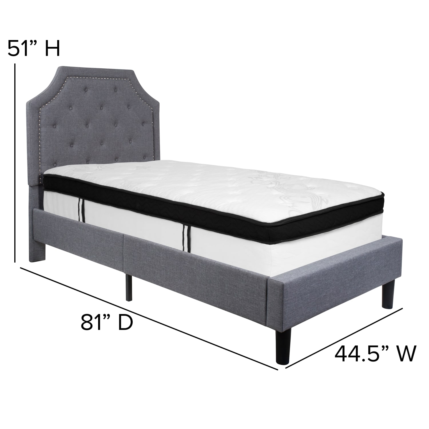 Flash Furniture Brighton Arched Tufted Upholstered Platform Bed And Memory Foam Pocket Spring Mattress, Twin, Light Gray - Image 4
