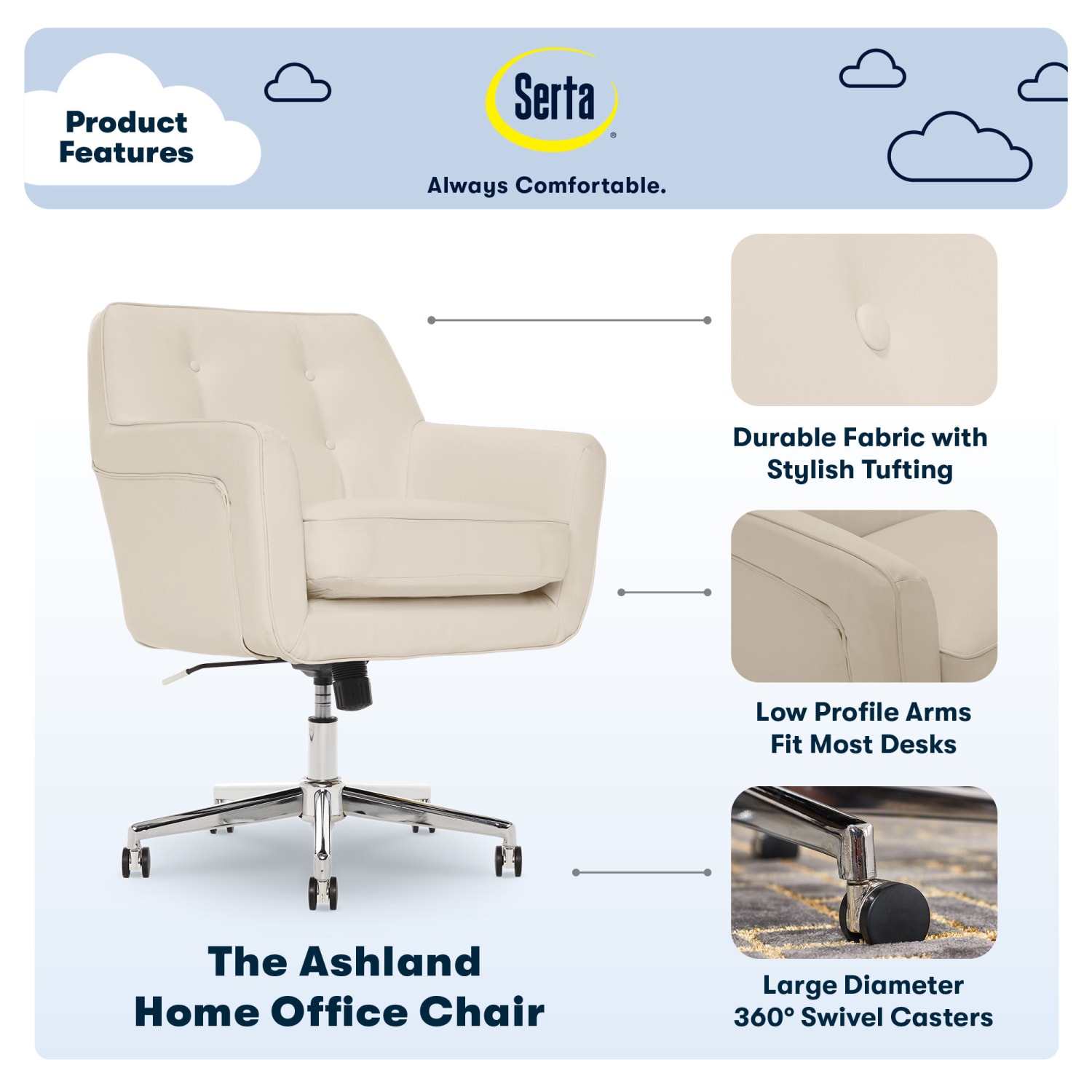 Serta Ashland Home Bonded Leather Mid-Back Office Chair, Cream/Chrome - Image 5
