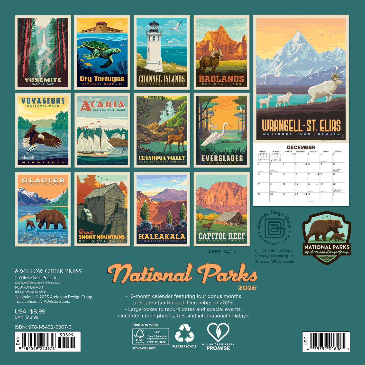 2026 Willow Creek Press Monthly Mini Wall Calendar, 7in x 7in, National Parks (ADG), January To December, 53676 - Image 5