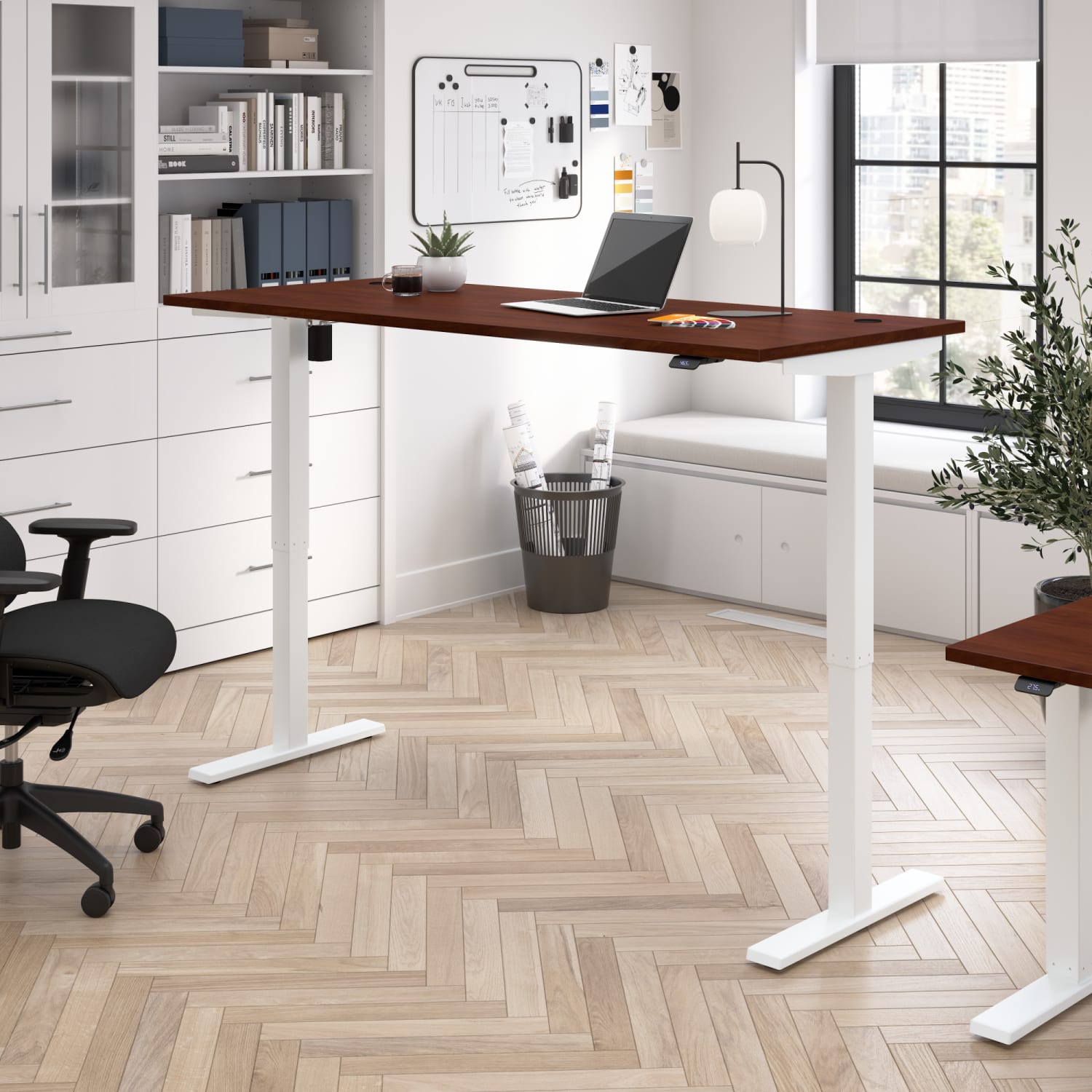 Bush Business Furniture Move 40 Series 72inW x 30inD Electric Height Adjustable Standing Desk, Hansen Cherry/White Powder Coat, Standard Delivery