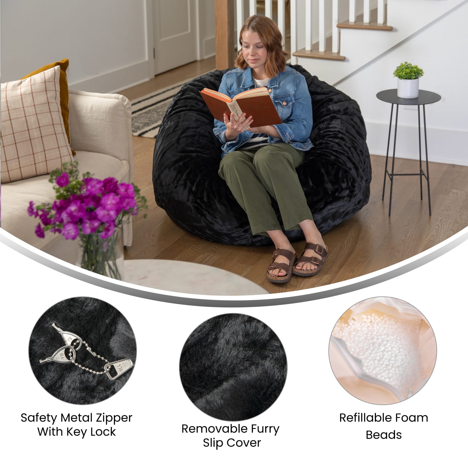 Flash Furniture Oversized Bean Bag Chair For Kids And Adults Black Furry PopularChairscom Flash Furniture Oversized Bean Bag Chair For Kids And Adults Black Furry PopularChairscom