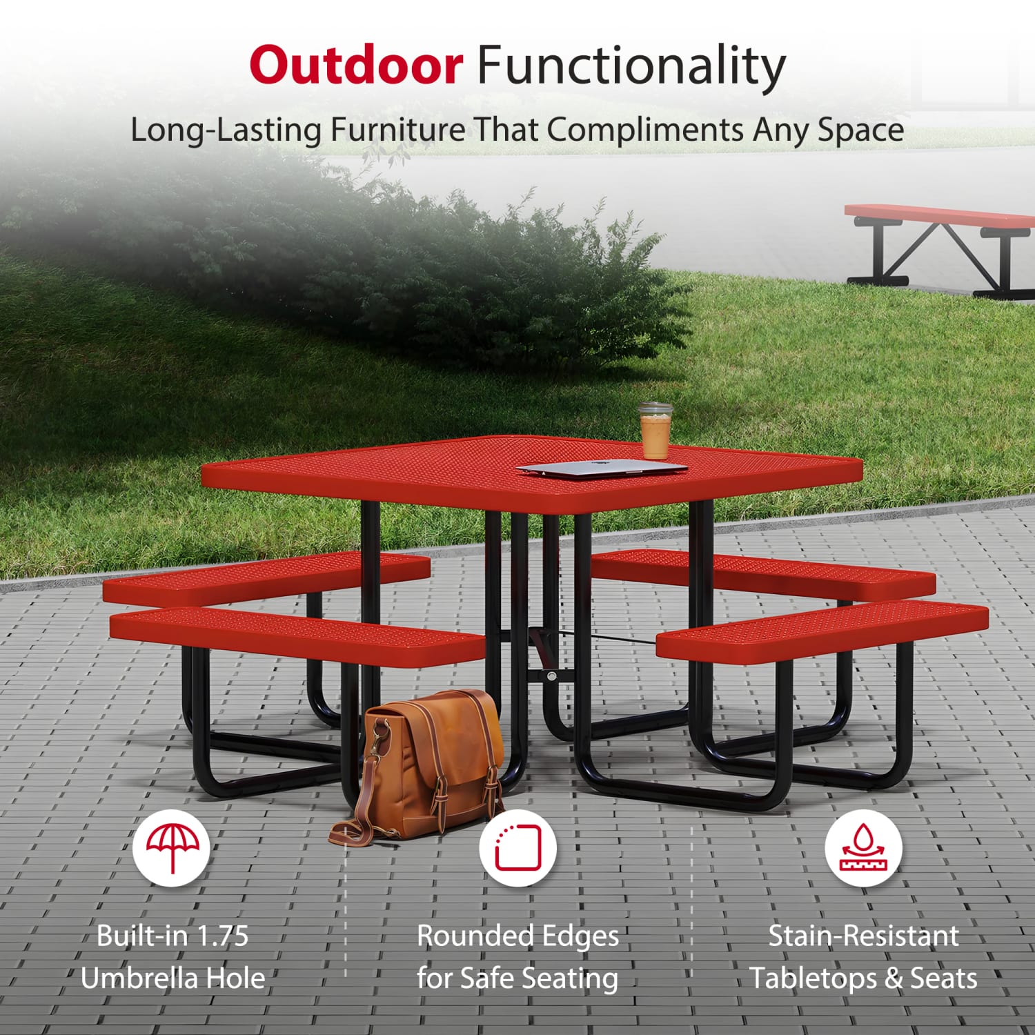 Leisure Craft Square Outdoor Picnic Table, 29-1/4inH x 80inW x 80inD, Black/Red - Image 4