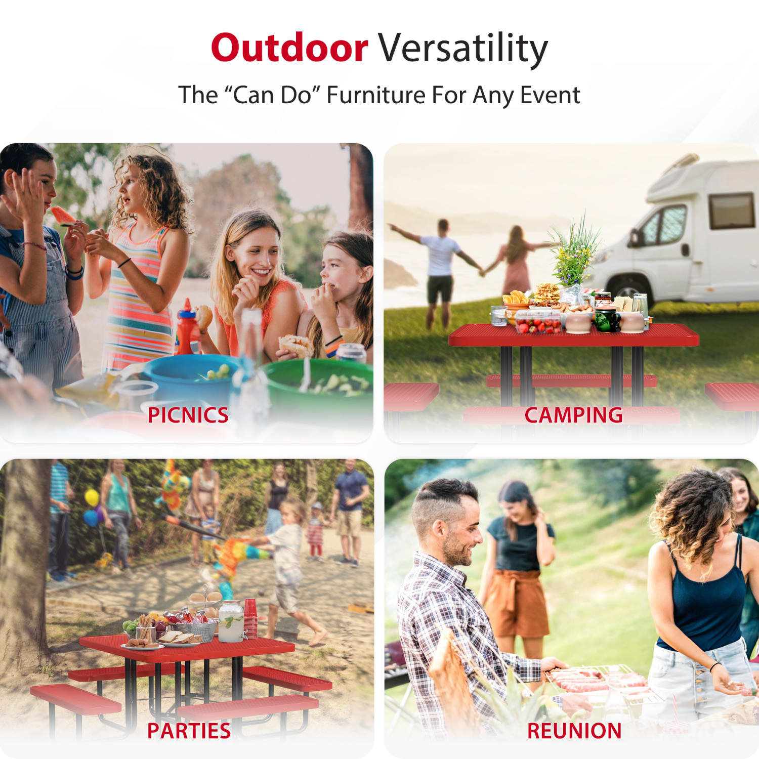 Leisure Craft Square Outdoor Picnic Table, 29-1/4inH x 80inW x 80inD, Black/Red - Image 6
