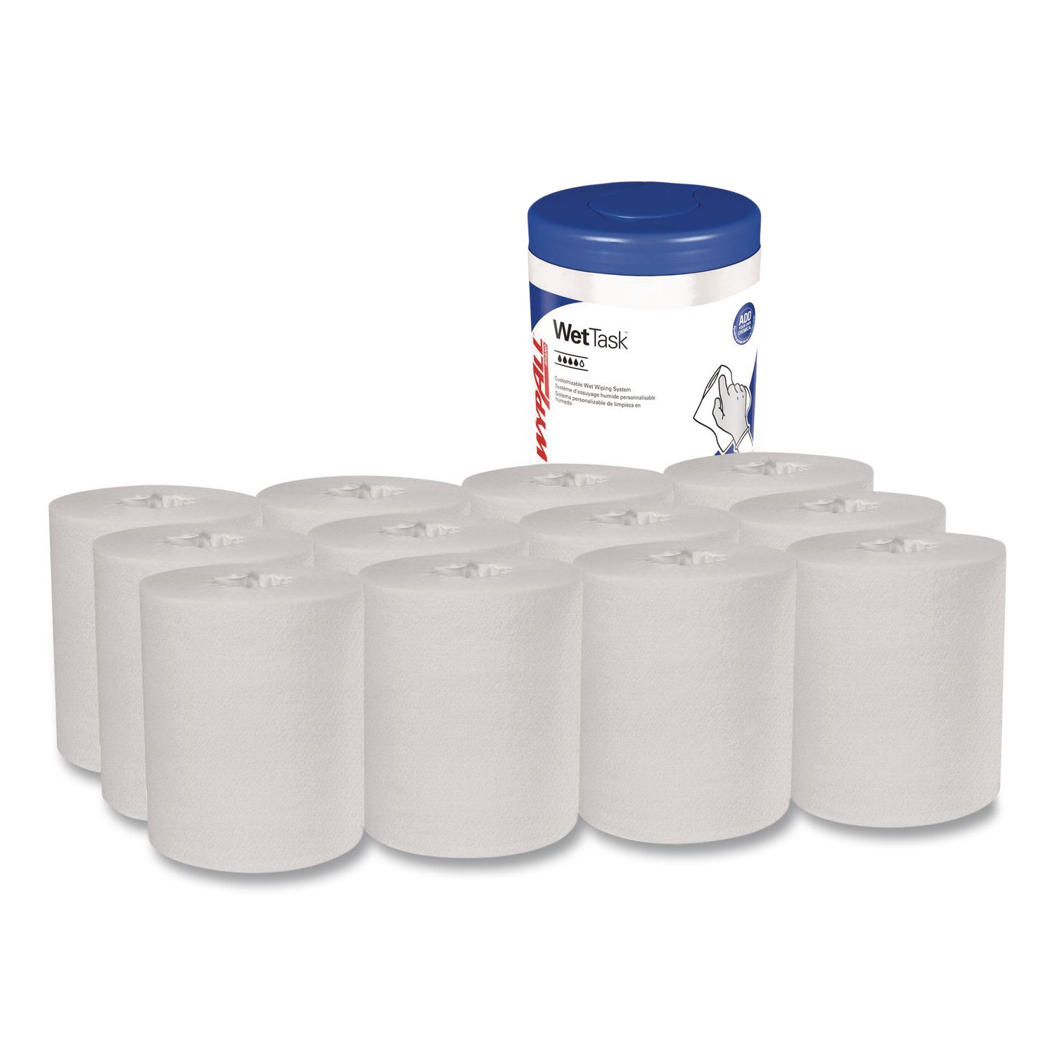 Kimtech WetTask System Prep Wipers for Bleach/Disinfectants/Sanitizers Hygienic Enclosed System Refills, w/Canister, 55/Rl,12 Roll/Ct