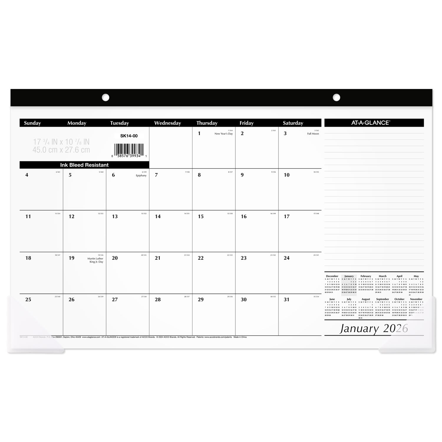 AT-A-GLANCE 2026 Monthly Desk Pad Calendar, Compact, 17 3/4in x 11in