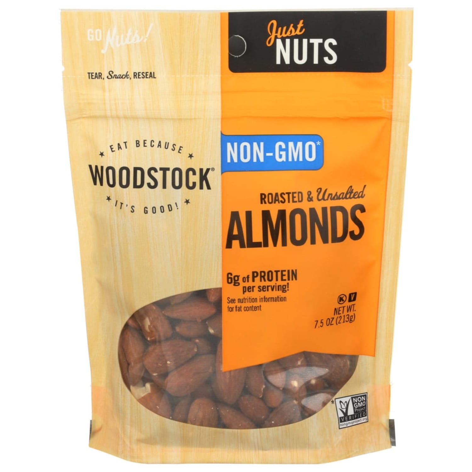 Woodstock Foods Non-GMO Almonds, Roasted And Unsalted, 7.5 Oz, Total Qty 8