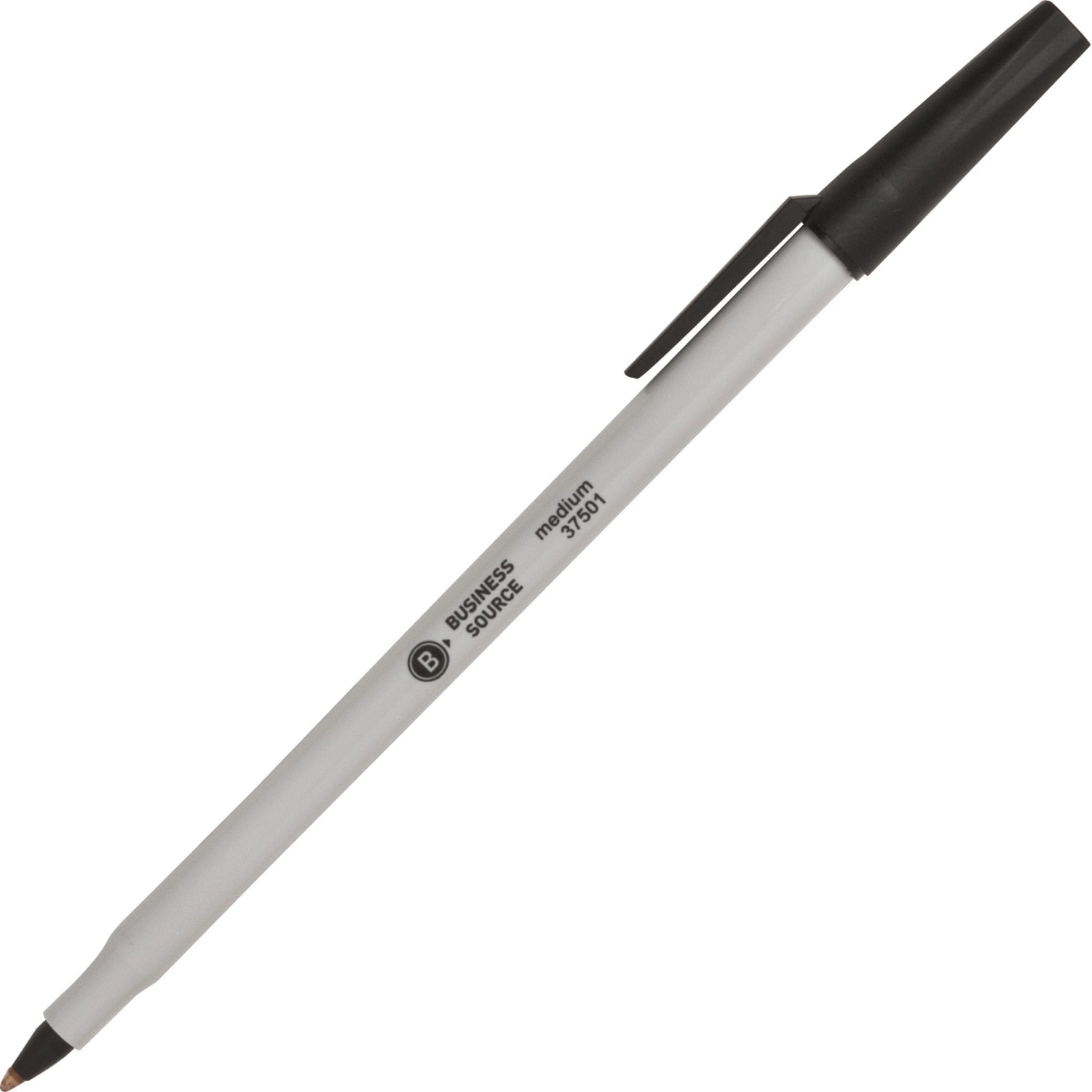 Business Source Medium Point Ballpoint Stick Pens - Medium Pen Point - Black - Light Gray Barrel - Stainless Steel Tip - 1 Dozen - Image 3