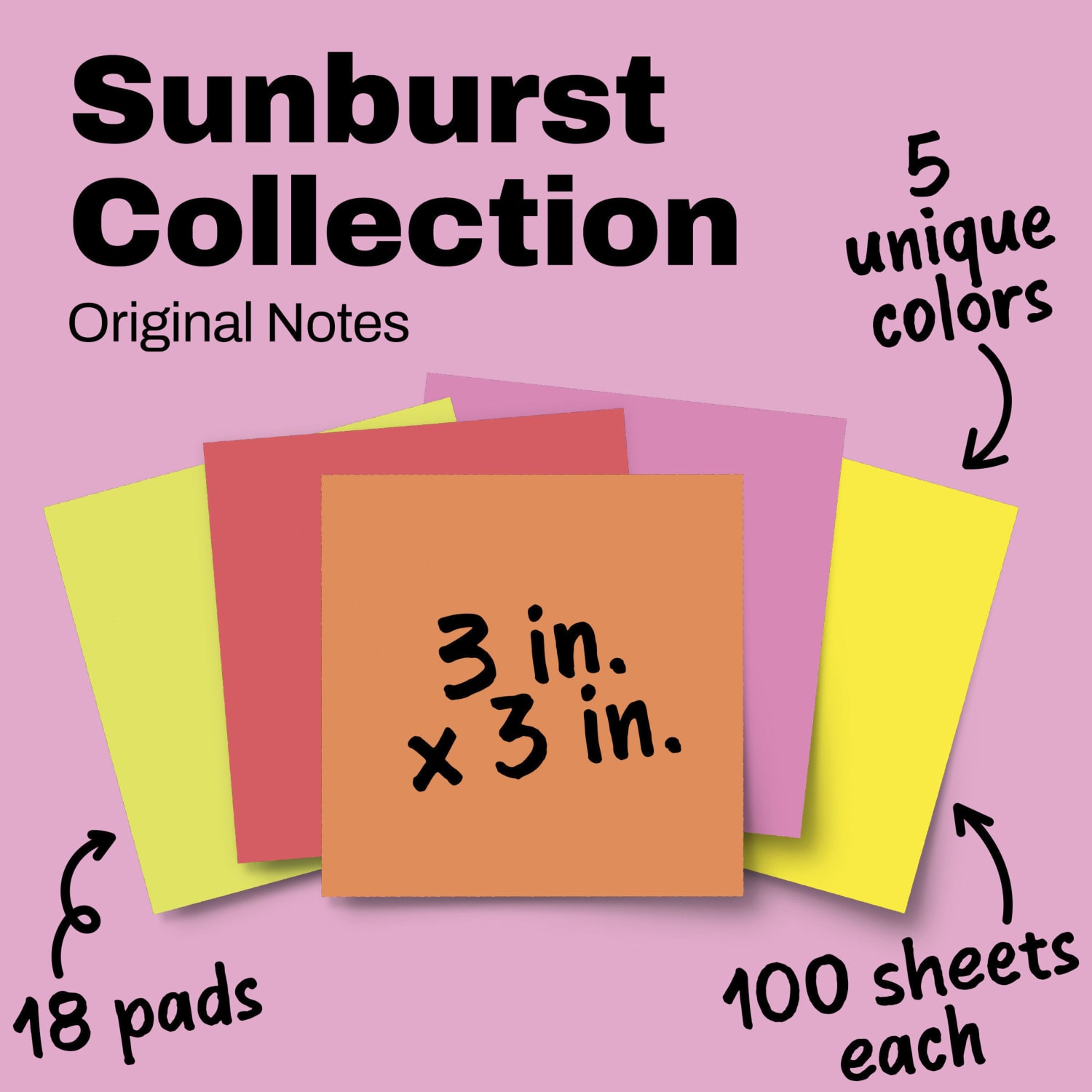 Post-it Notes, 3 x 3 in, 18 Sticky Note Pads, 100 Sheets/Pad, School Supplies and Office Products, Sunburst - Image 3
