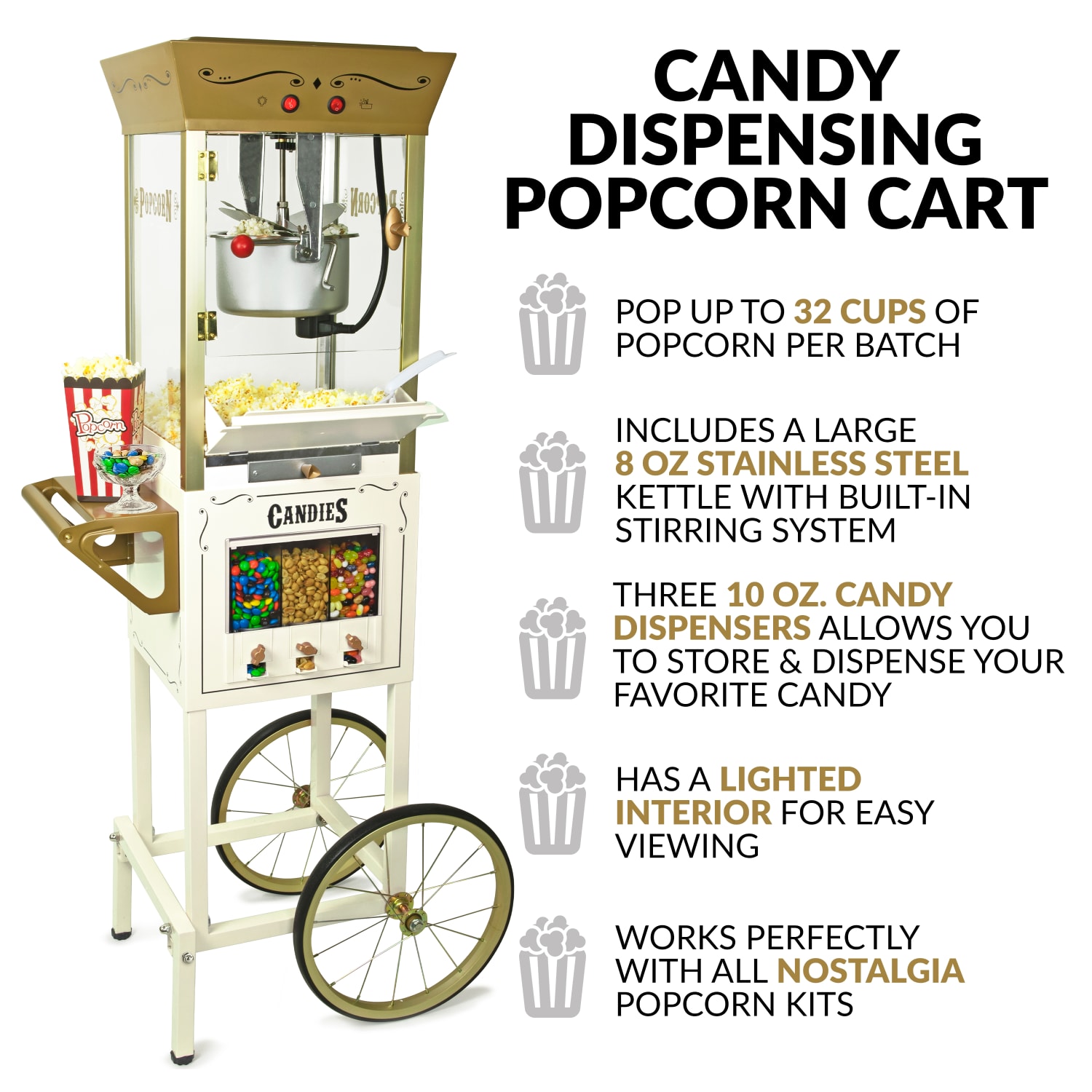 Nostalgia Electrics NKPCRTCD8IVY Popcorn Cart, Ivory - Image 3