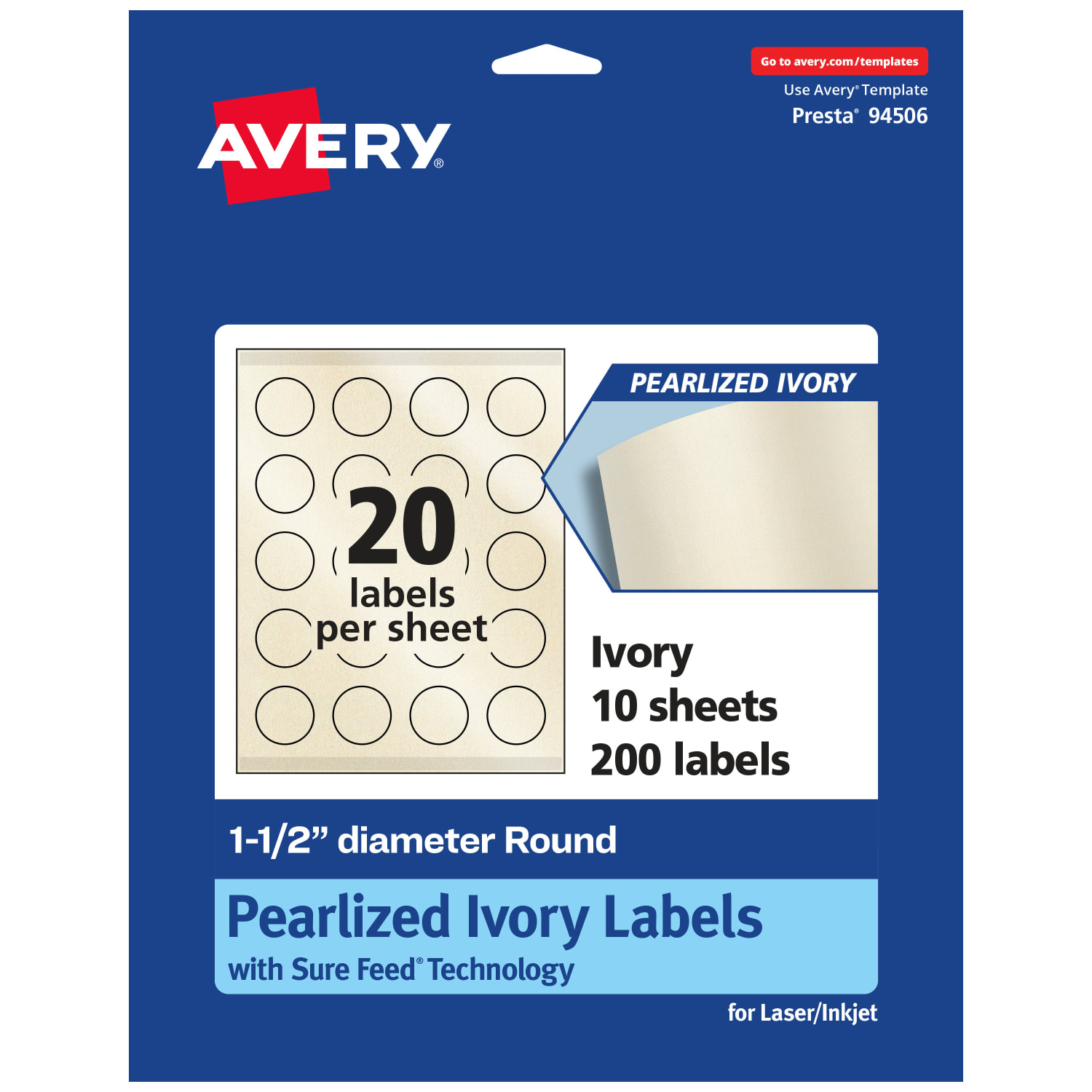 Avery Pearlized Permanent Labels With Sure Feed, 94506-PIP10, Round, 1-1/2in Diameter, Ivory, Pack Of 200 Labels