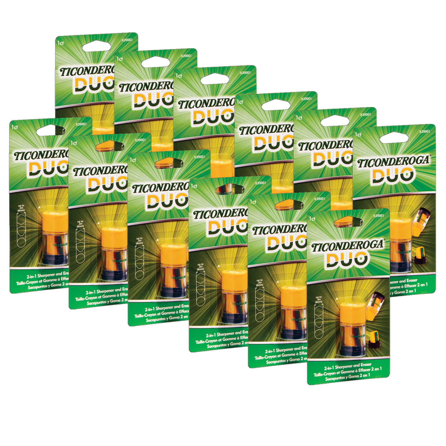 Ticonderoga Duo Manual Pencil Sharpeners/Erasers, Green/Yellow, Pack Of 12 Sharpeners/Erasers