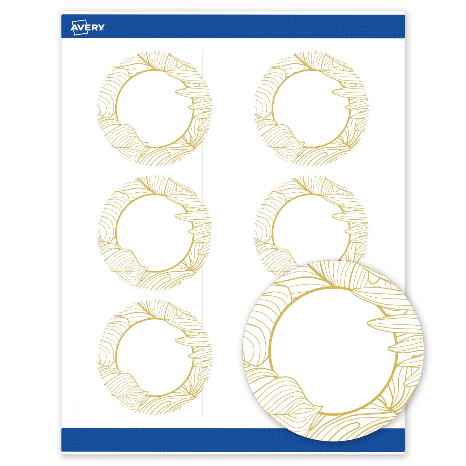 Avery Printable Labels With Sure Feed Technology, S00-EVZ, Round, 3in, Matte White With Preprinted Gold Leaf Pattern, Pack Of 60 - Image 3